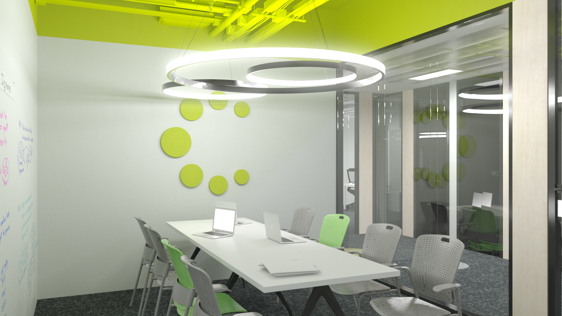 Modern conference room with white table, laptops, and green and grey chairs, glass walls, circular LED ceiling lights, and lime green wall accents.