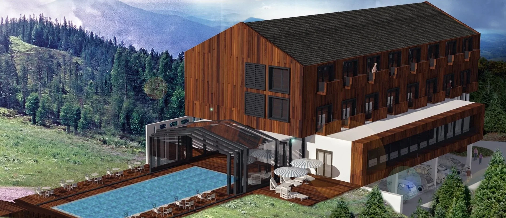 A modern multi-story mountain lodge with wooden exterior, balconies, an outdoor pool with surrounding chairs and umbrellas, and a garage area with parked cars, set against a forested hillside.