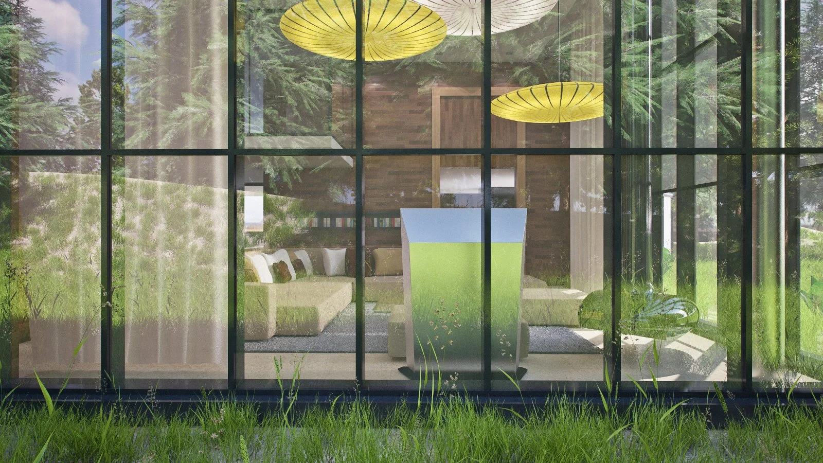 Textured glass window overlooking a modern living room with green grass outside. The room features hanging yellow paper lanterns, a beige sectional sofa with pillows, a white coffee table, and some decorative chairs, with a wooden wall and bookshelf in the background.