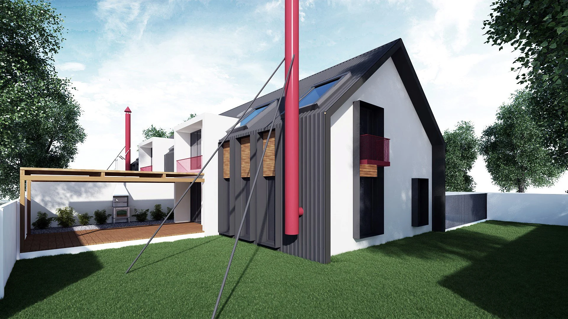 Modern residential house with black and white exterior, small red balcony, and a backyard with a wooden deck, grass, trees, and outdoor pizza oven.