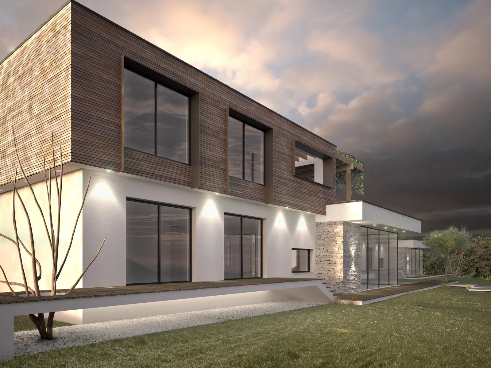 Modern two-story house with a combination of wood and white exterior, large glass windows, and landscaped yard at sunset.