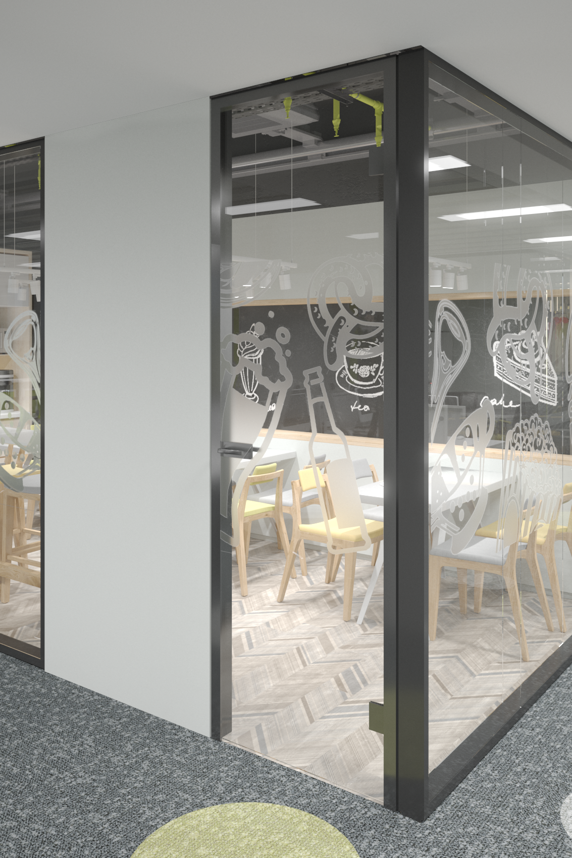 Glass conference room with wooden chairs, white tables, and wall art with doodles in a modern office.