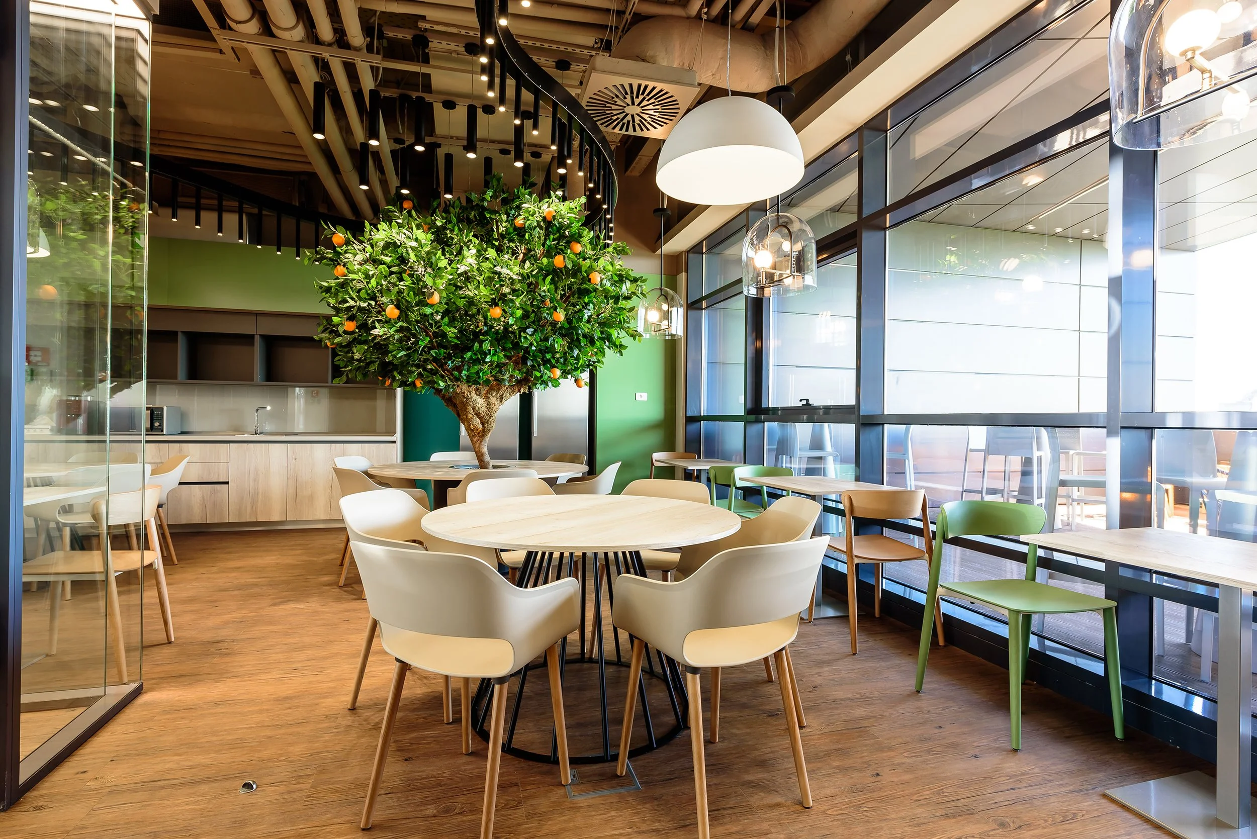 Interior of a modern restaurant or cafe with wooden floors, a large citrus fruit-bearing tree in the center, round tables with chairs, and large windows letting in natural light.