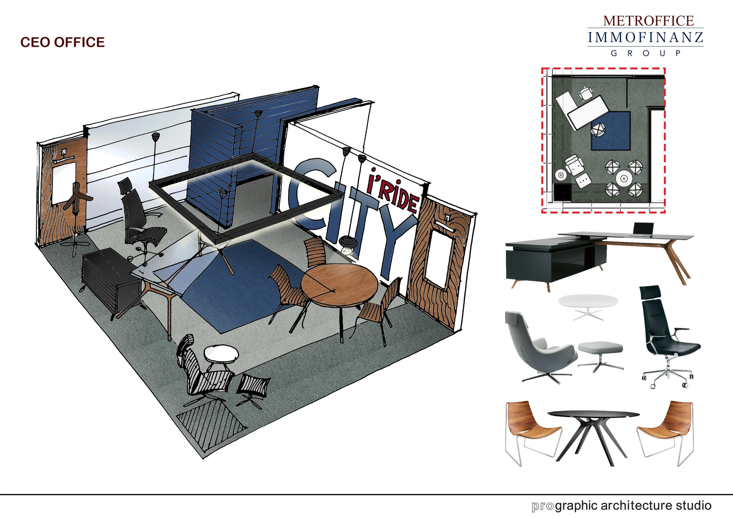 3D architectural render of an office space with various furniture pieces, including desks, chairs, and a small meeting table. The design features a designated area labeled 'CEO Office' and a wall with large 'CITY' text and the phrase 'I RIDE'. Additional furniture options and a floor plan layout are shown separately.