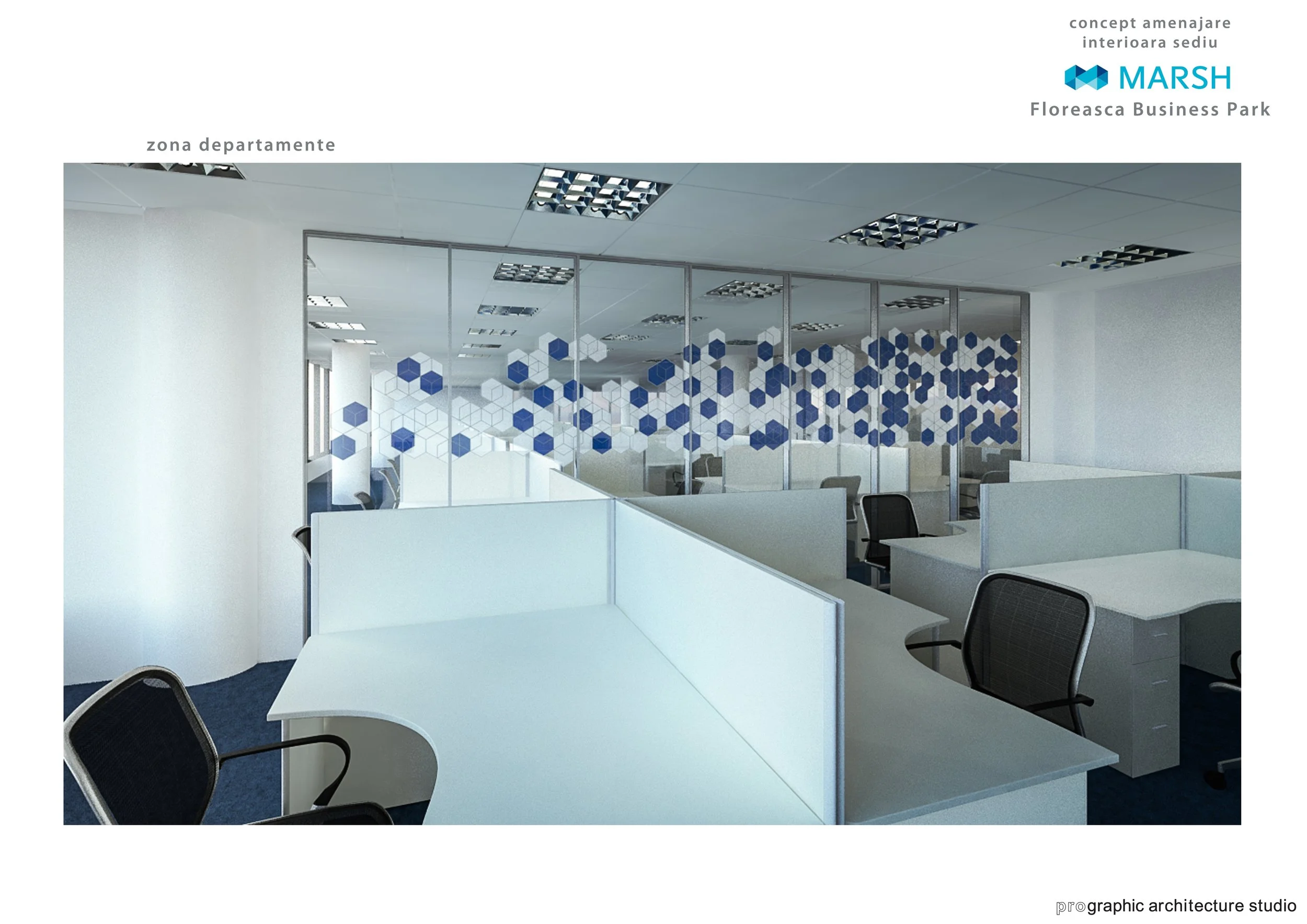 Empty office cubicles with white desks and black chairs, glass partition with blue hexagonal pattern, fluorescent ceiling lights, and white walls in a modern business environment.