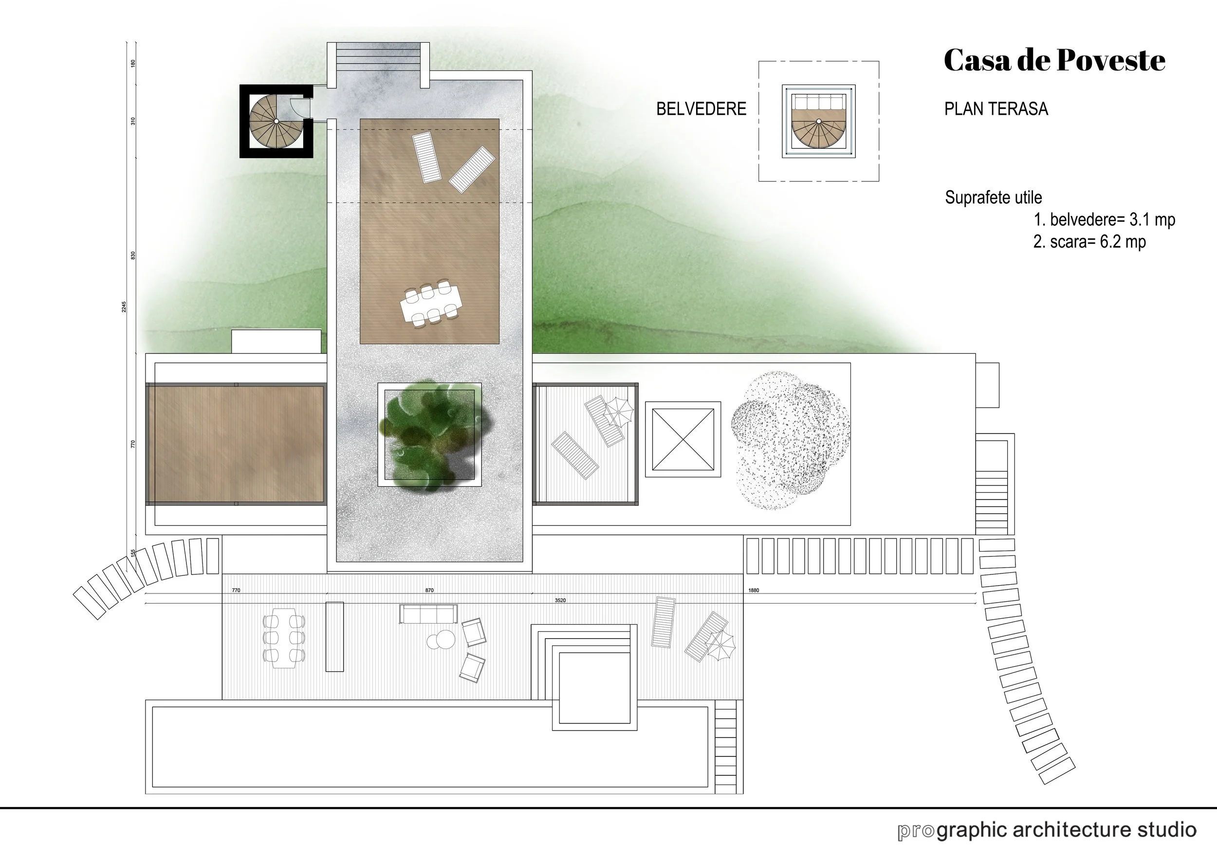 Architectural plan of a house labeled "Casa de Poveste" with outdoor terraces, decking areas, a garden with trees, and surrounding pathways.