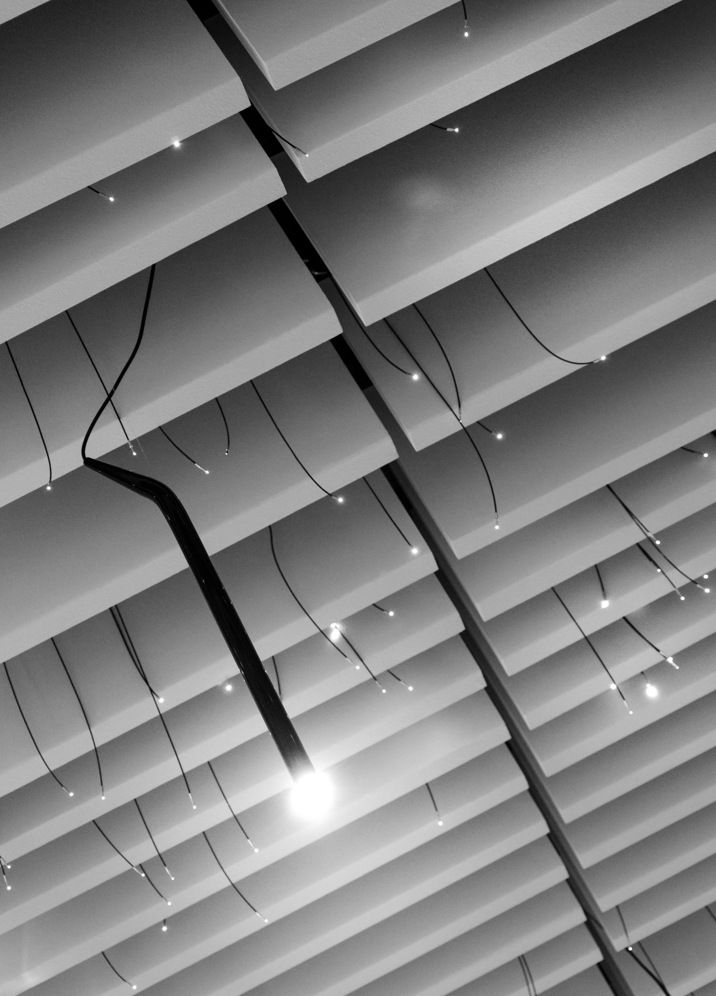 Close-up of a ceiling decorated with string lights and a hanging light bulb in black and white.