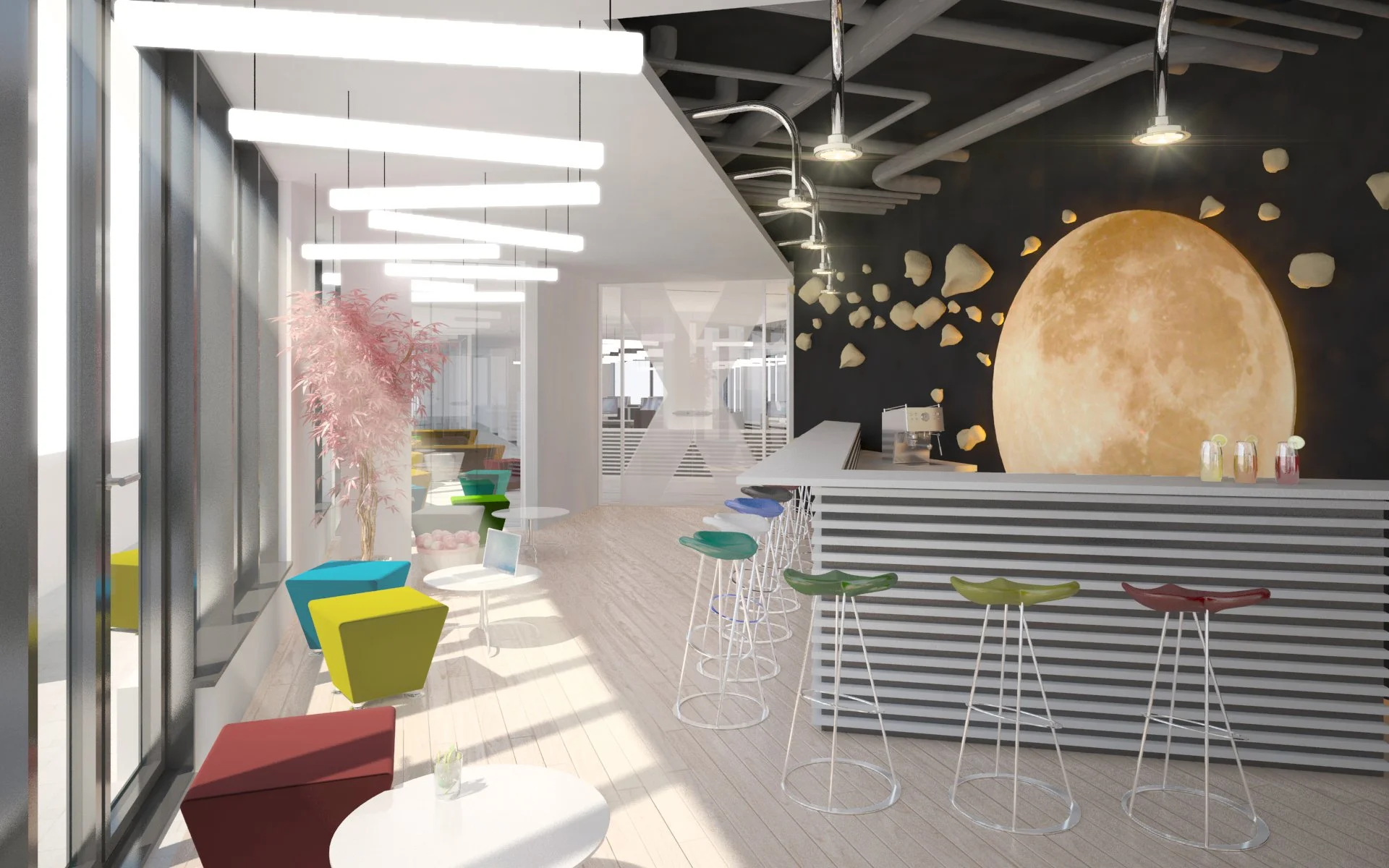 Modern cafe interior with colorful chairs, bar stools, and moon mural on black wall.