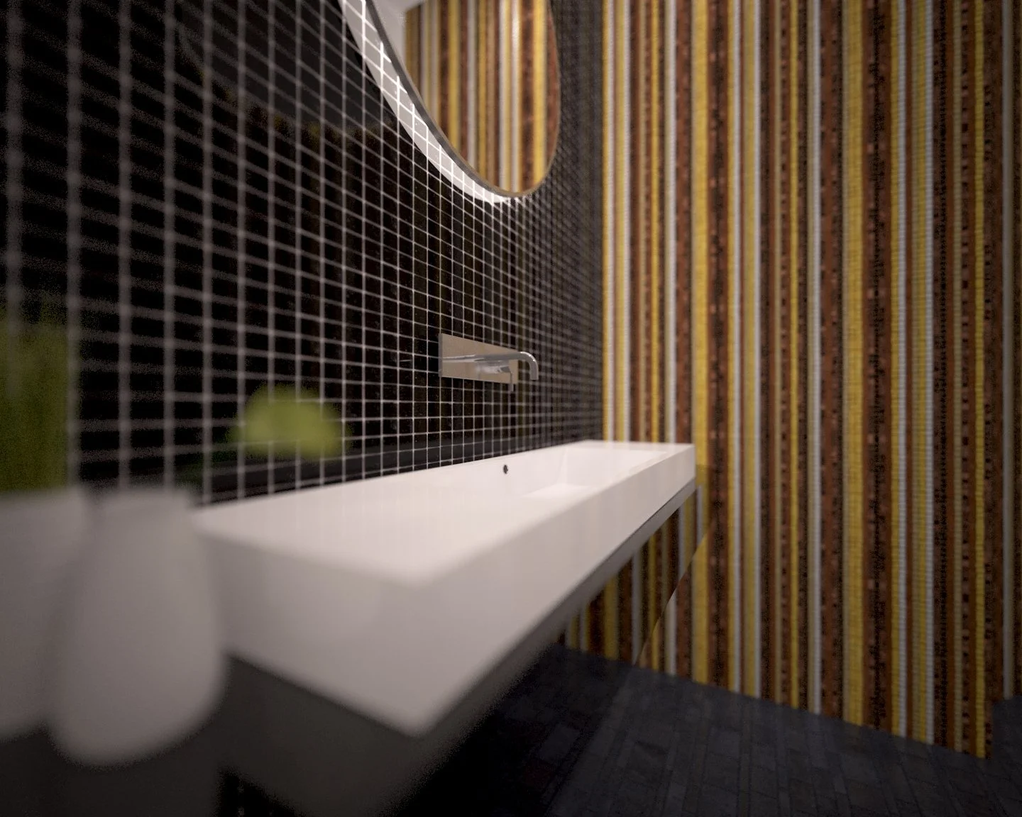 A white bathroom sink with a wall-mounted faucet, black mosaic tiled wall, and colorful striped wallpaper.