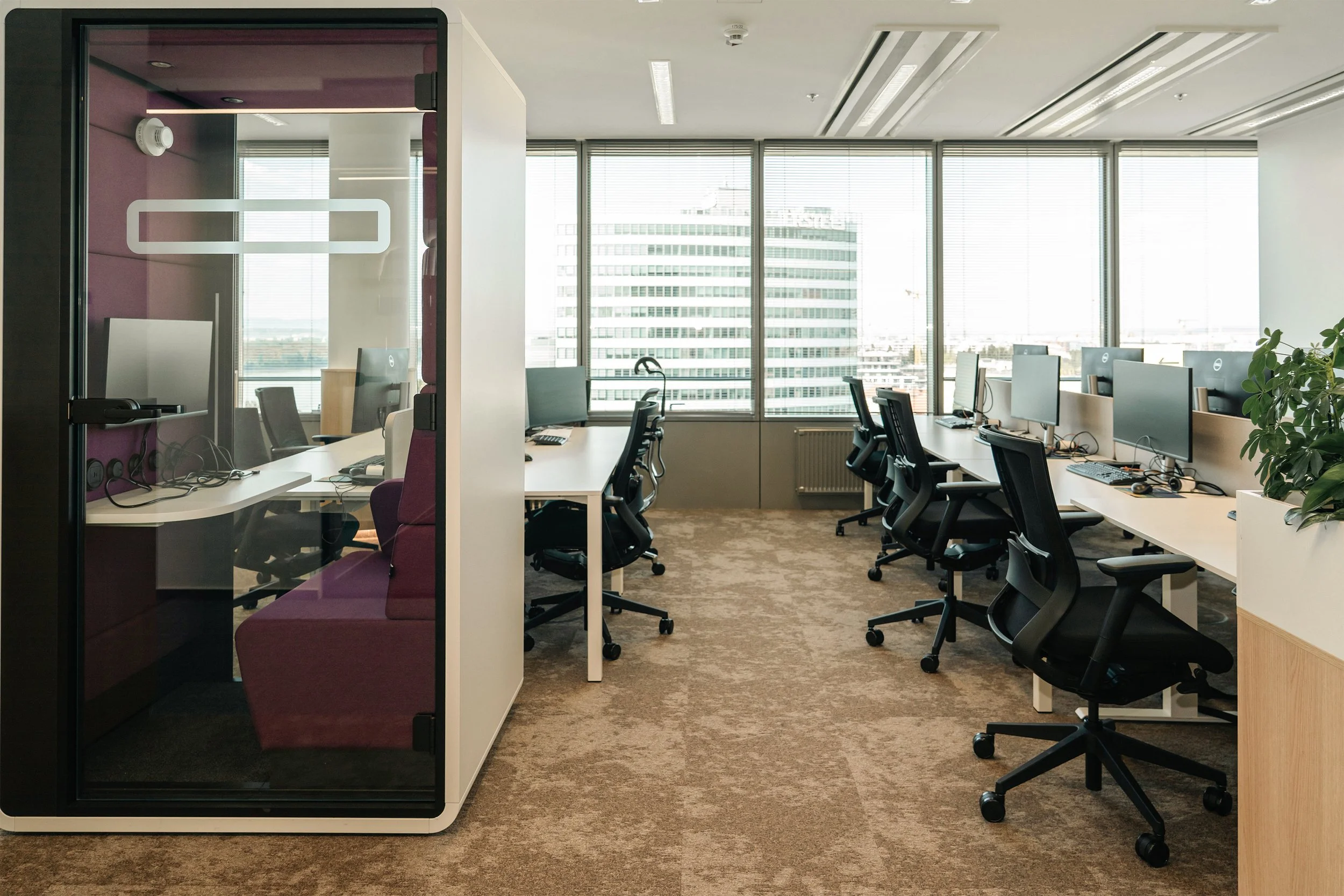 Empty modern office with multiple workstations, black ergonomic chairs, computers, and large windows showing city buildings outside.