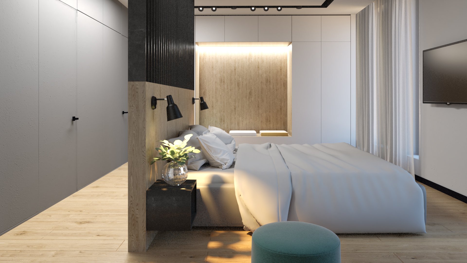 Modern bedroom with a bed, nightstand with a vase of white flowers, black wall-mounted reading lamps, a flat-screen TV, white curtains, and wooden and white wall panels with soft lighting.