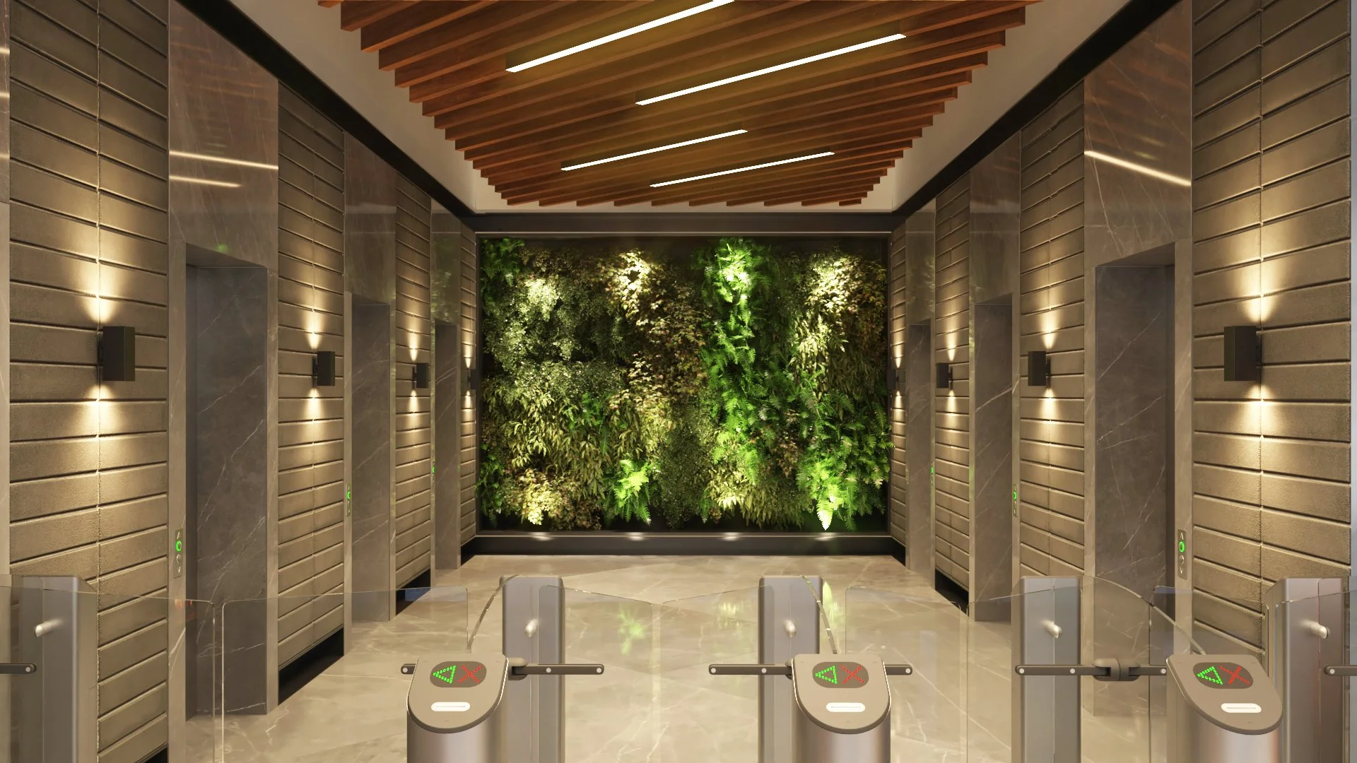 Modern elevator lobby with a green wall, wooden ceiling slats, and turnstiles at the entrance.