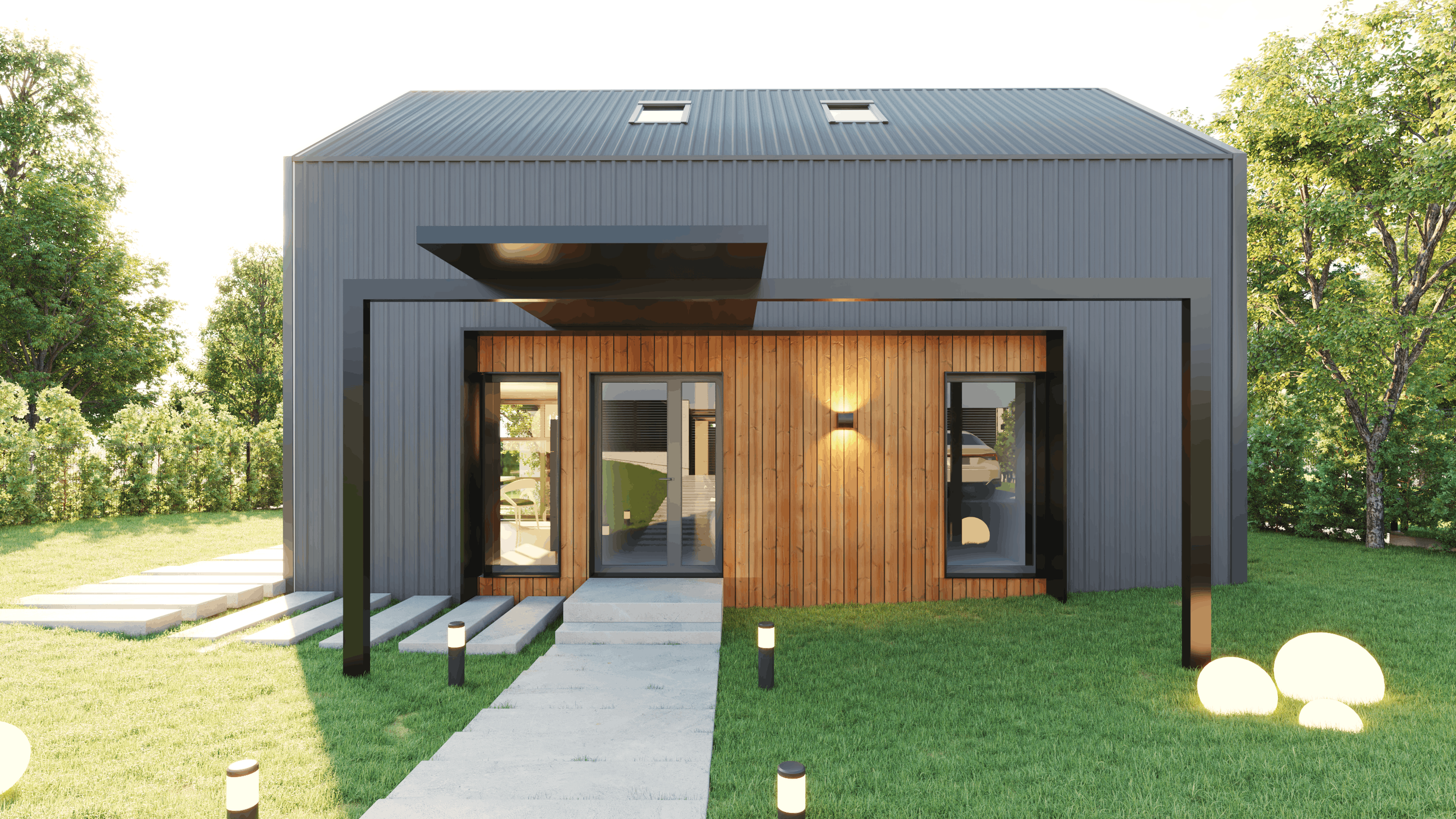 Modern two-story house with dark gray metal siding, a wooden front entrance, large glass windows, and a landscaped yard with pathway lights and decorative rocks.