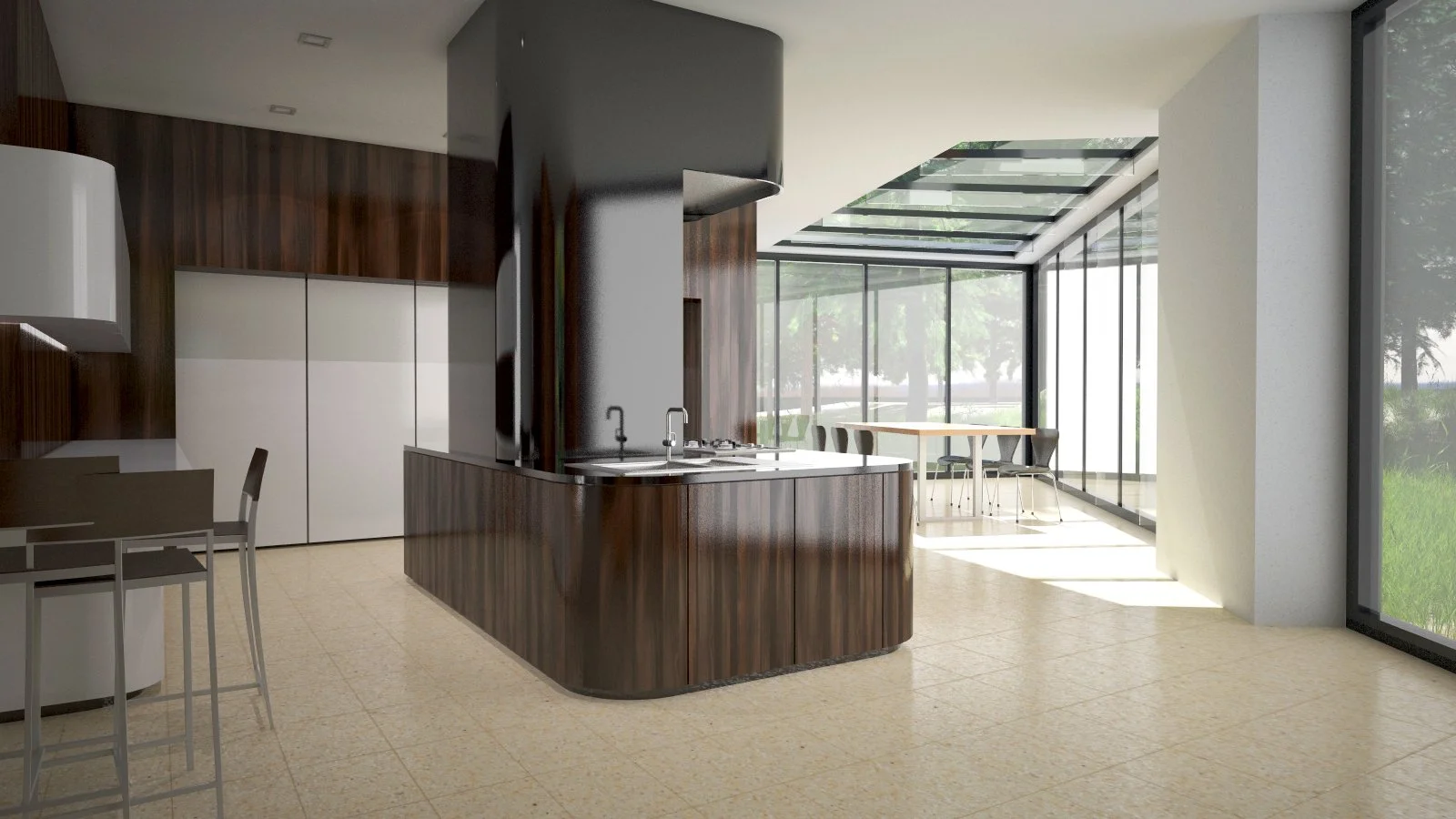Modern kitchen with dark wood cabinets, a black cylindrical ventilation hood, a kitchen island with a sink, and a dining area with table and chairs near large floor-to-ceiling windows.