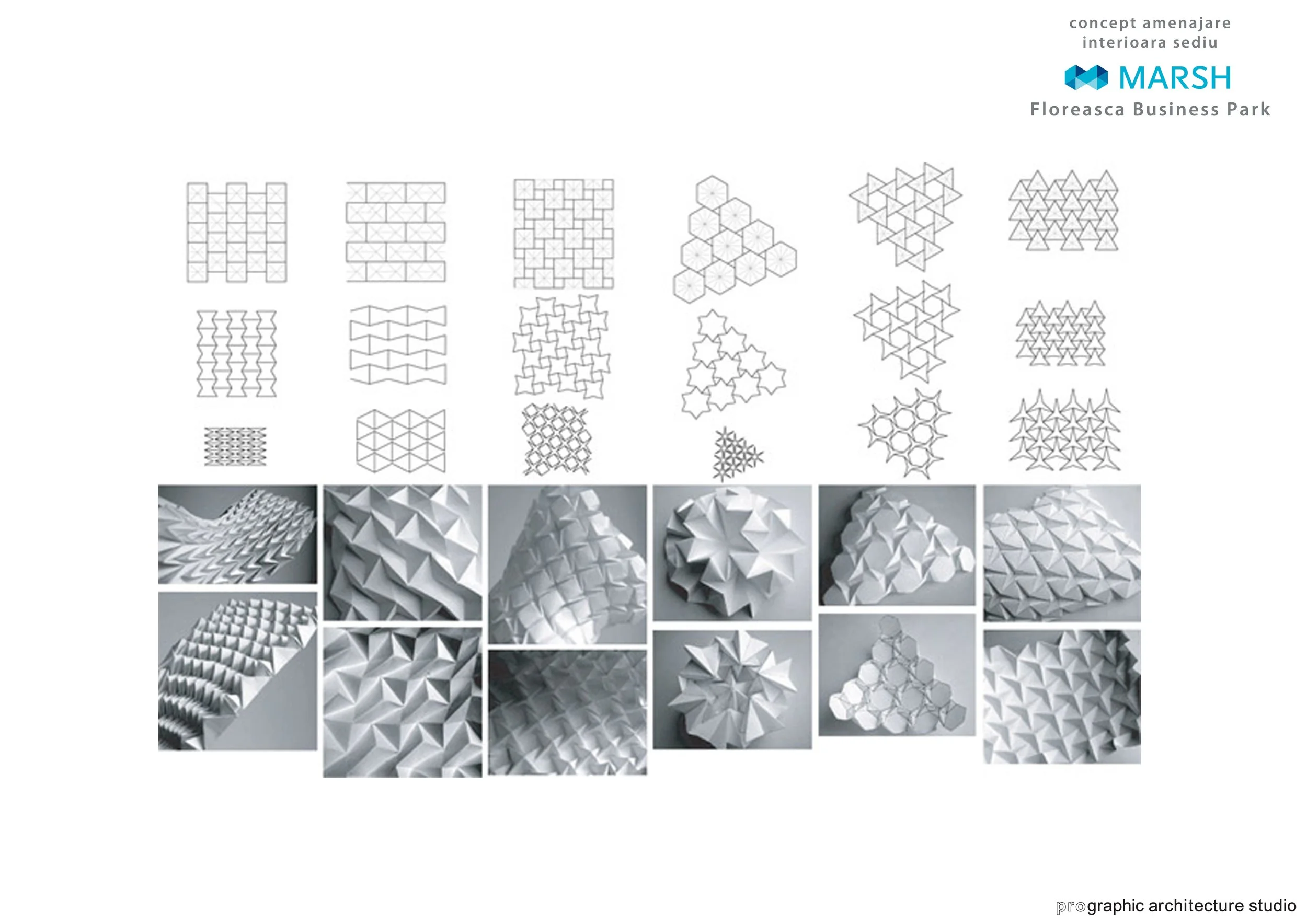 Design concepts and 3D models of architectural surface patterns matching the 2D line drawings title 'concept amenajare interioara sediu MARSH Floreasca Business Park', created by a graphic architecture studio.