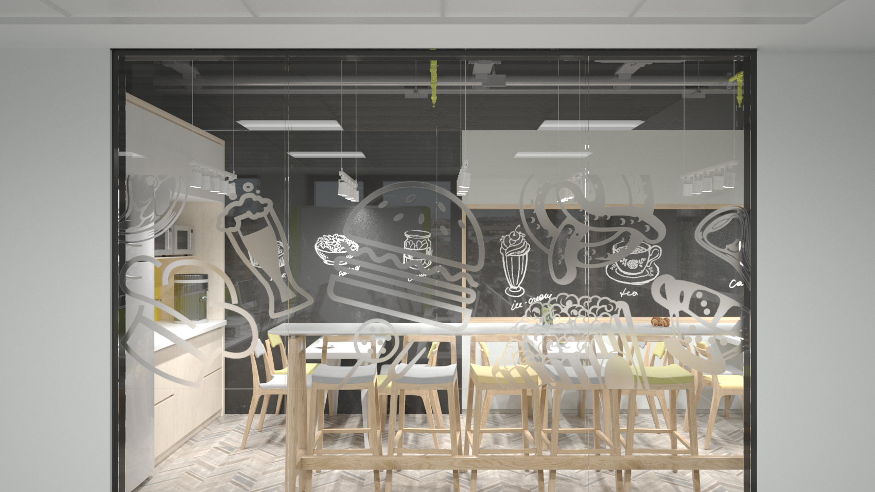 Interior view of a modern cafe or restaurant with wooden bar stools and a glass partition decorated with food illustrations.