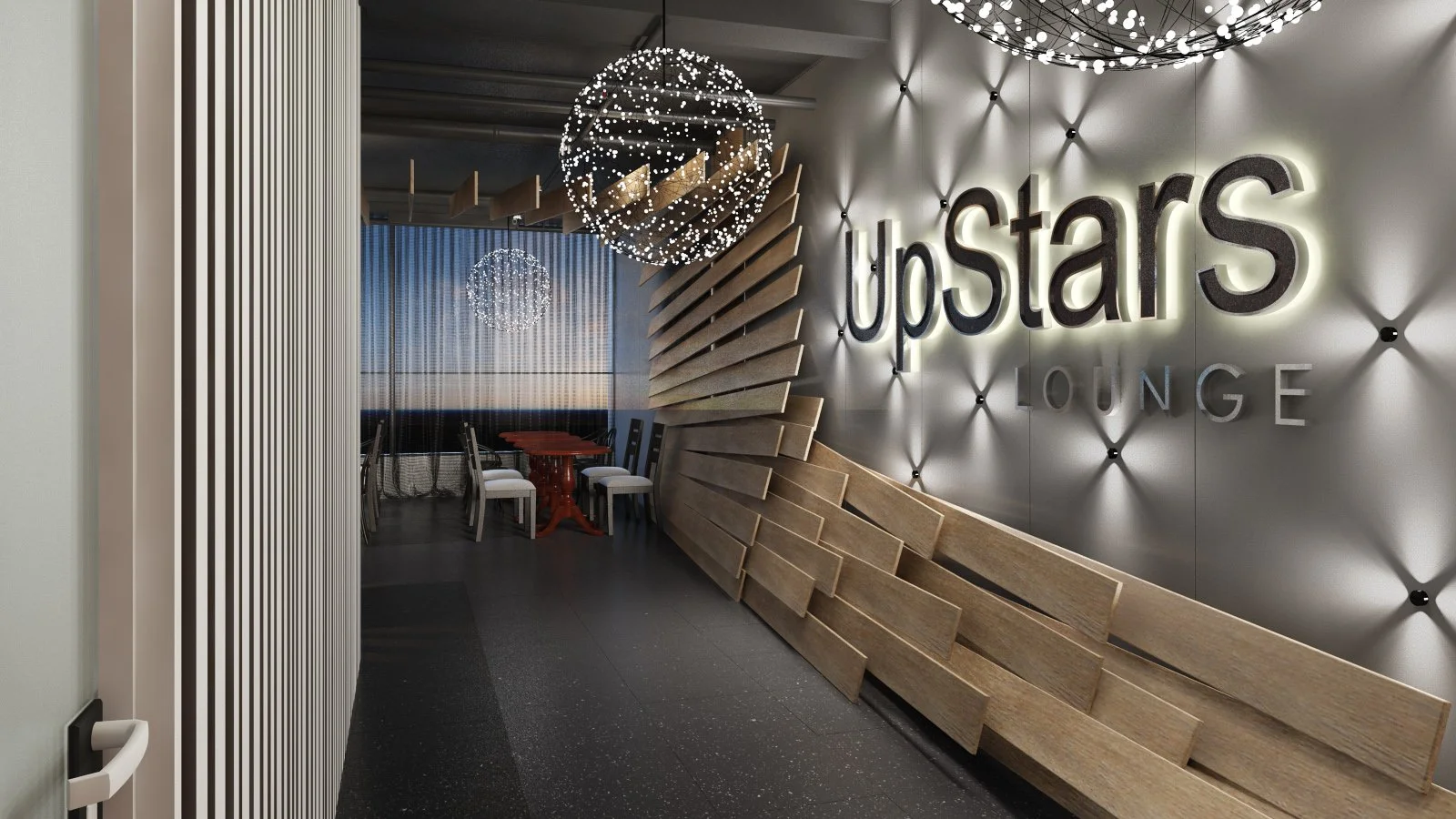 Interior view of UpStars Lounge with modern lighting, wooden decor, and seating area, illuminated sign reading 'UpStars Lounge' on the wall.