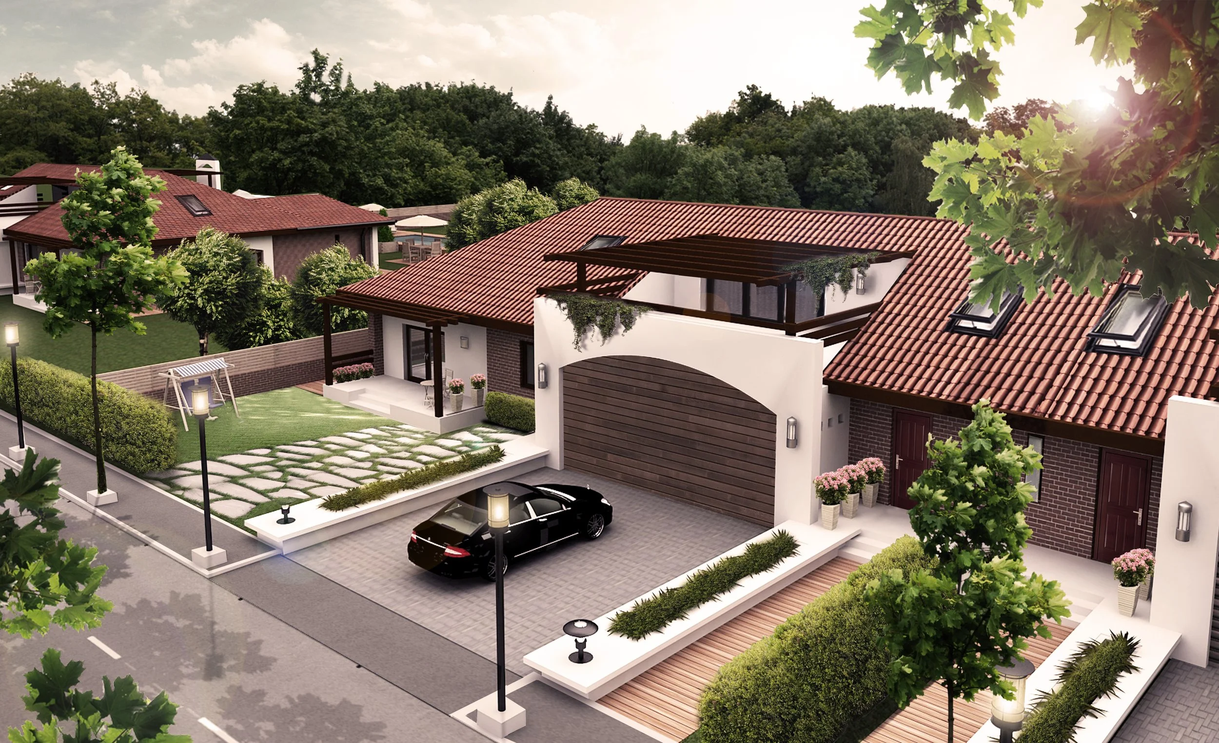 Modern house with a red-tiled roof, front driveway, and well-manicured garden with trees and potted plants, surrounded by other houses and greenery under a partly cloudy sky.