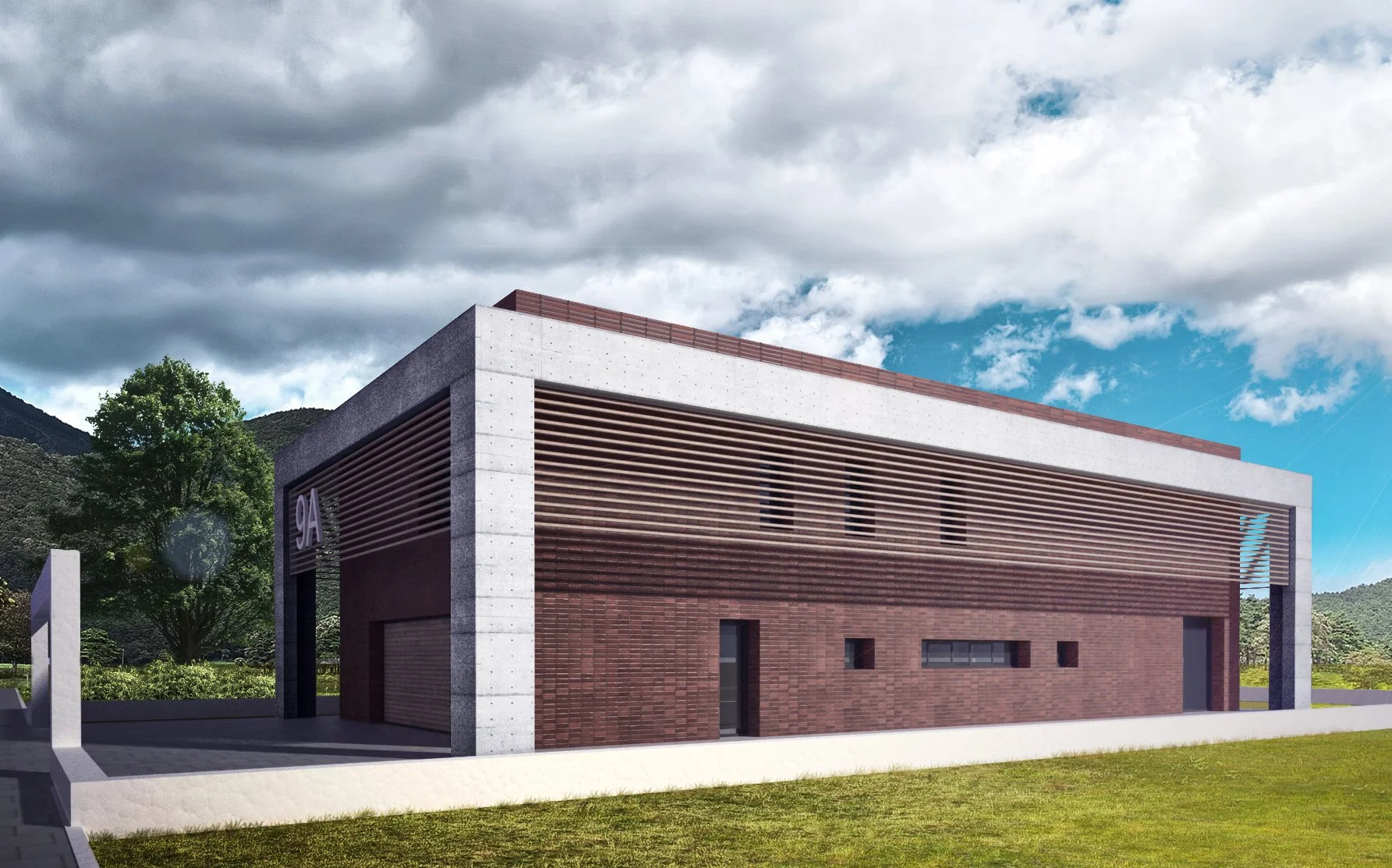 Modern building with concrete and brick walls and horizontal wooden slats on the upper level, set against a partly cloudy sky and surrounded by green landscape.