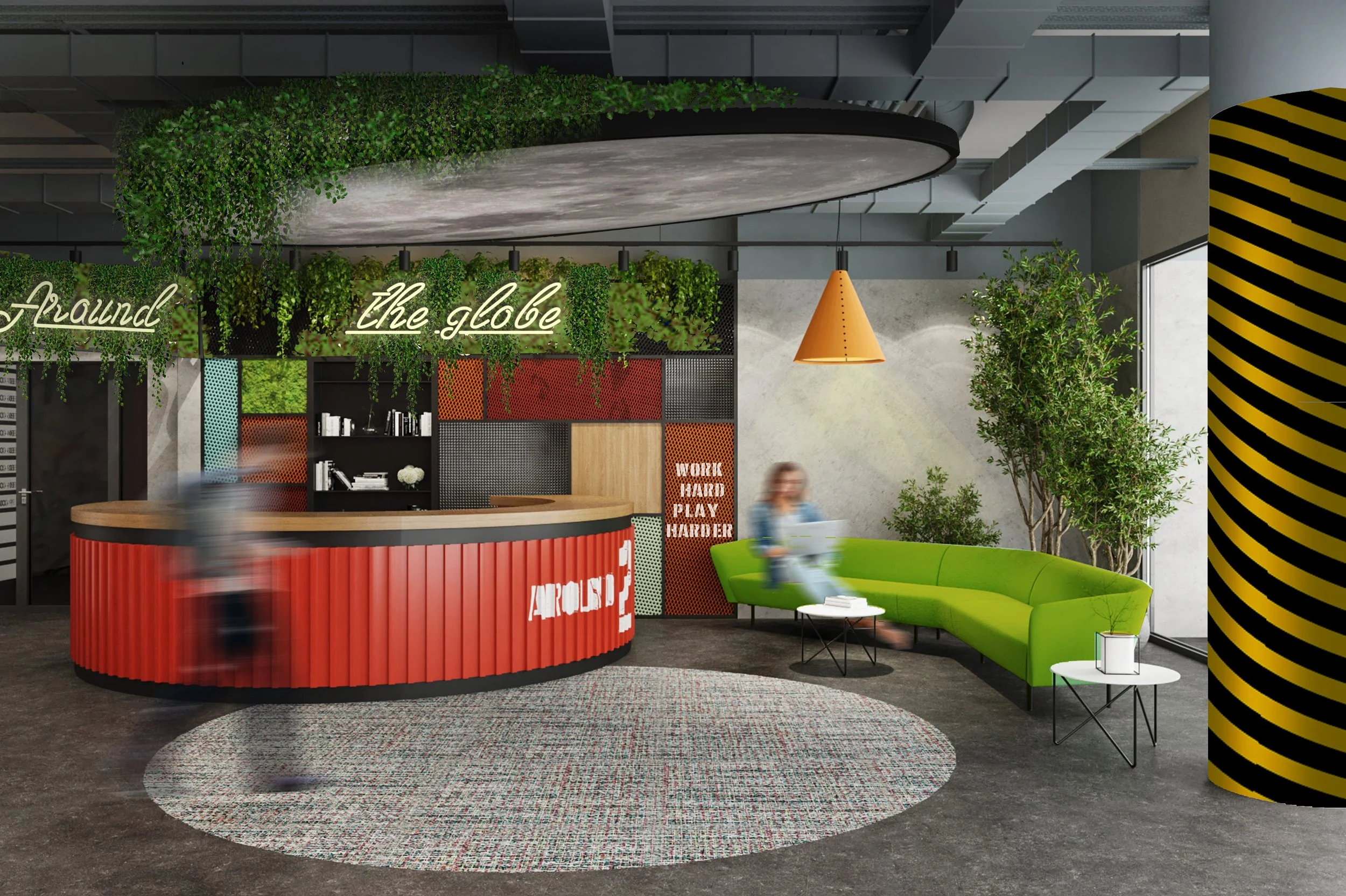 Modern office lobby with a curved red reception desk, green sofa, round white side tables, indoor plants, colorful wall art, and large windows allowing natural light.