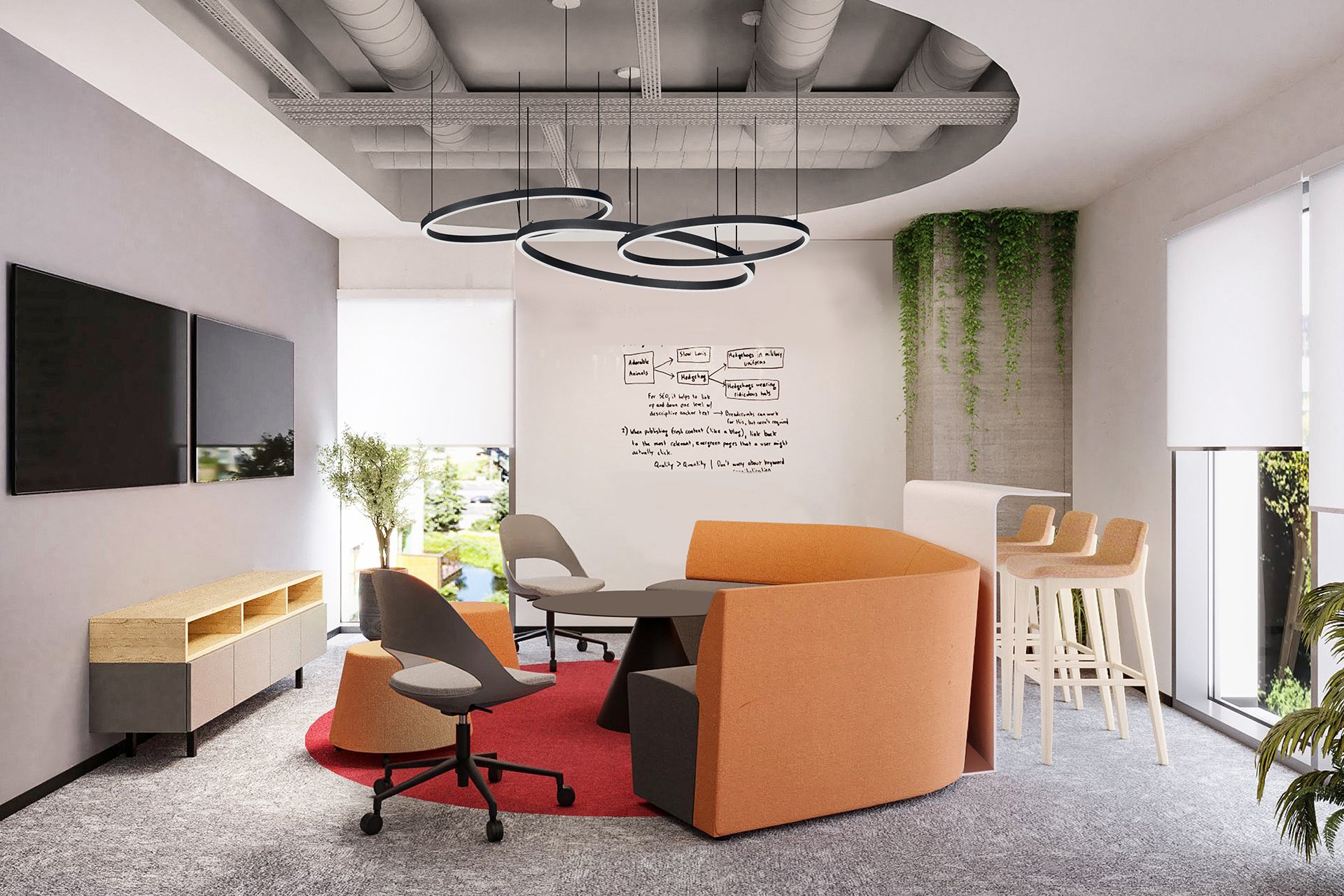 Modern office meeting room with orange and gray furniture, wall-mounted blackboards, a whiteboard with notes, large windows with blinds, indoor plants, and a sophisticated ceiling light fixture.