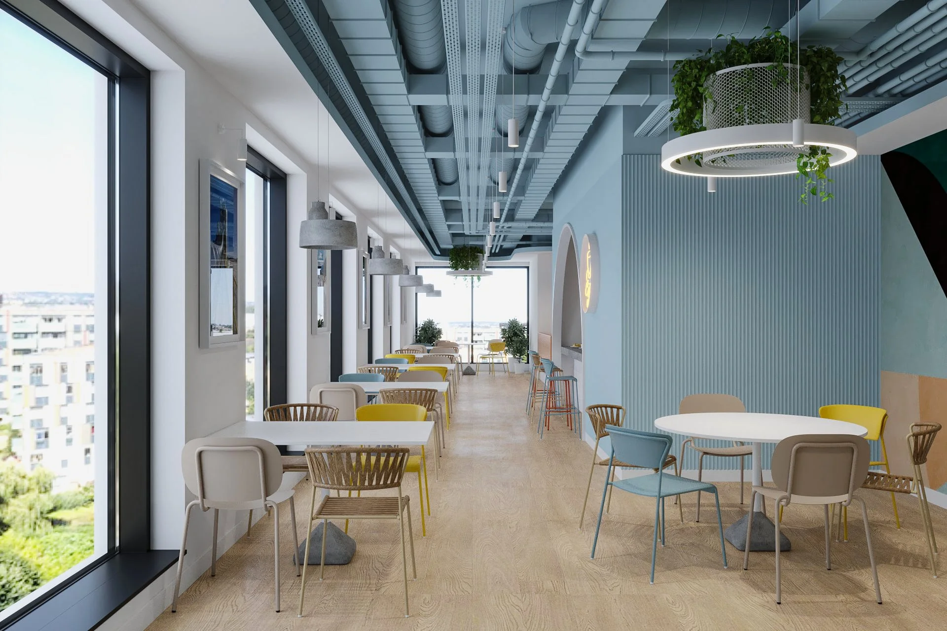 Modern cafe interior with large windows, colorful chairs, and decorative lighting.
