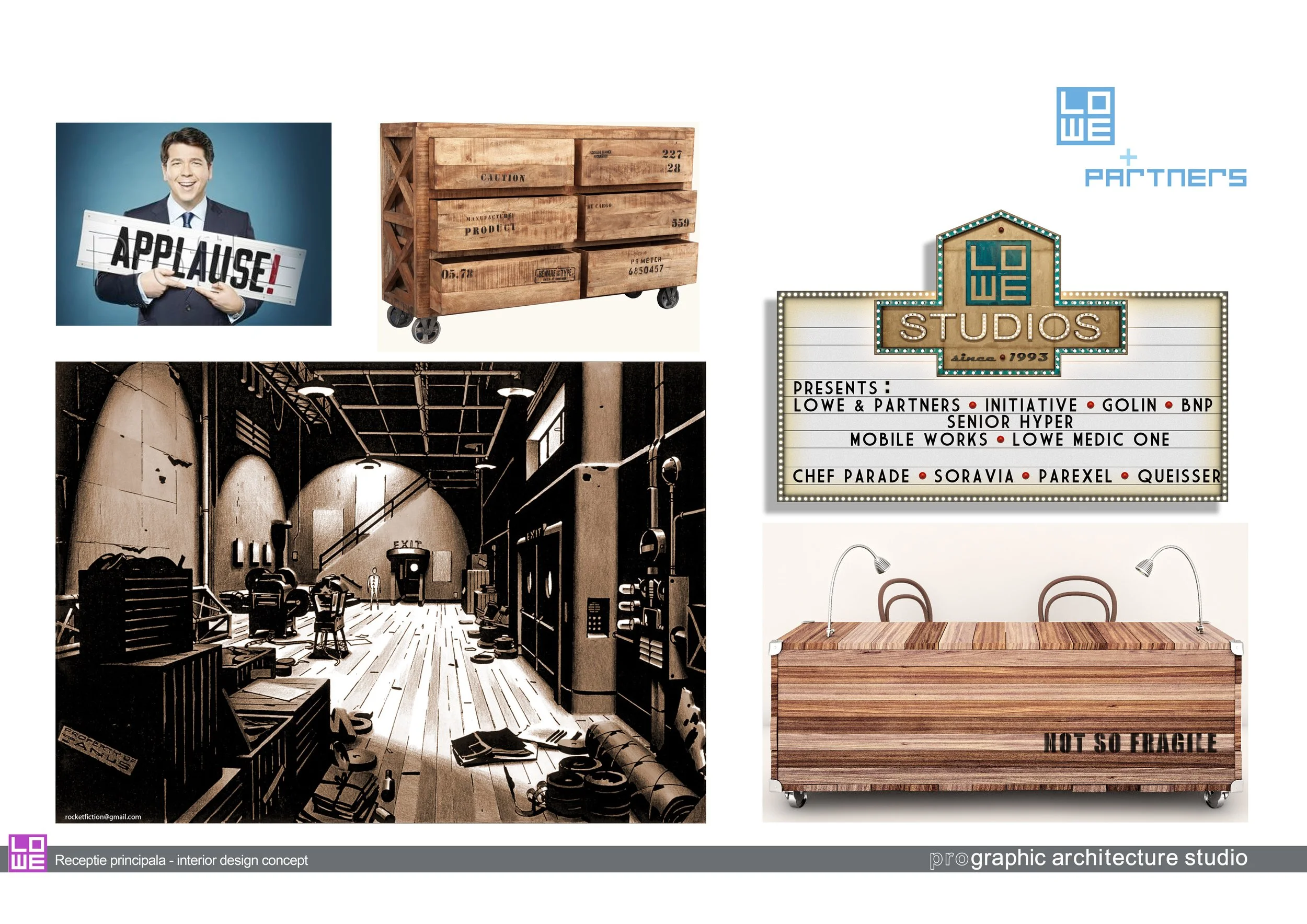A collage of interior design elements including a man holding an applause sign, a wooden crate on wheels, a vintage movie theater or auditorium room, a movie theater marquee with event listings, and a wooden table with a 'Not So Fragile' label, with Loewe branding in the top right corner.