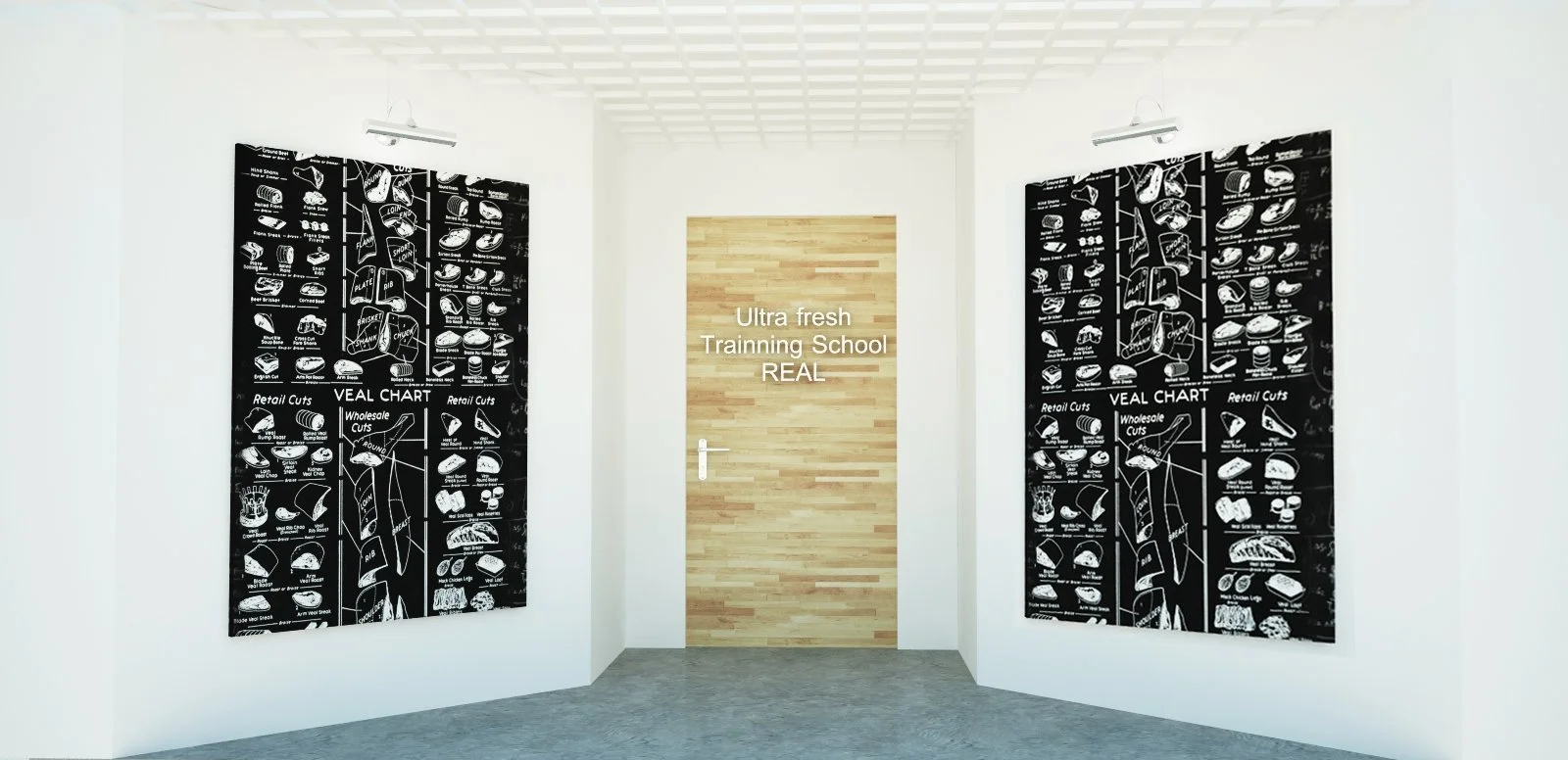 An interior room with white walls and two black charts with white illustrations of meat cuts on either side of a wooden door. The door has text that says "Ultra fresh Training School REAL."