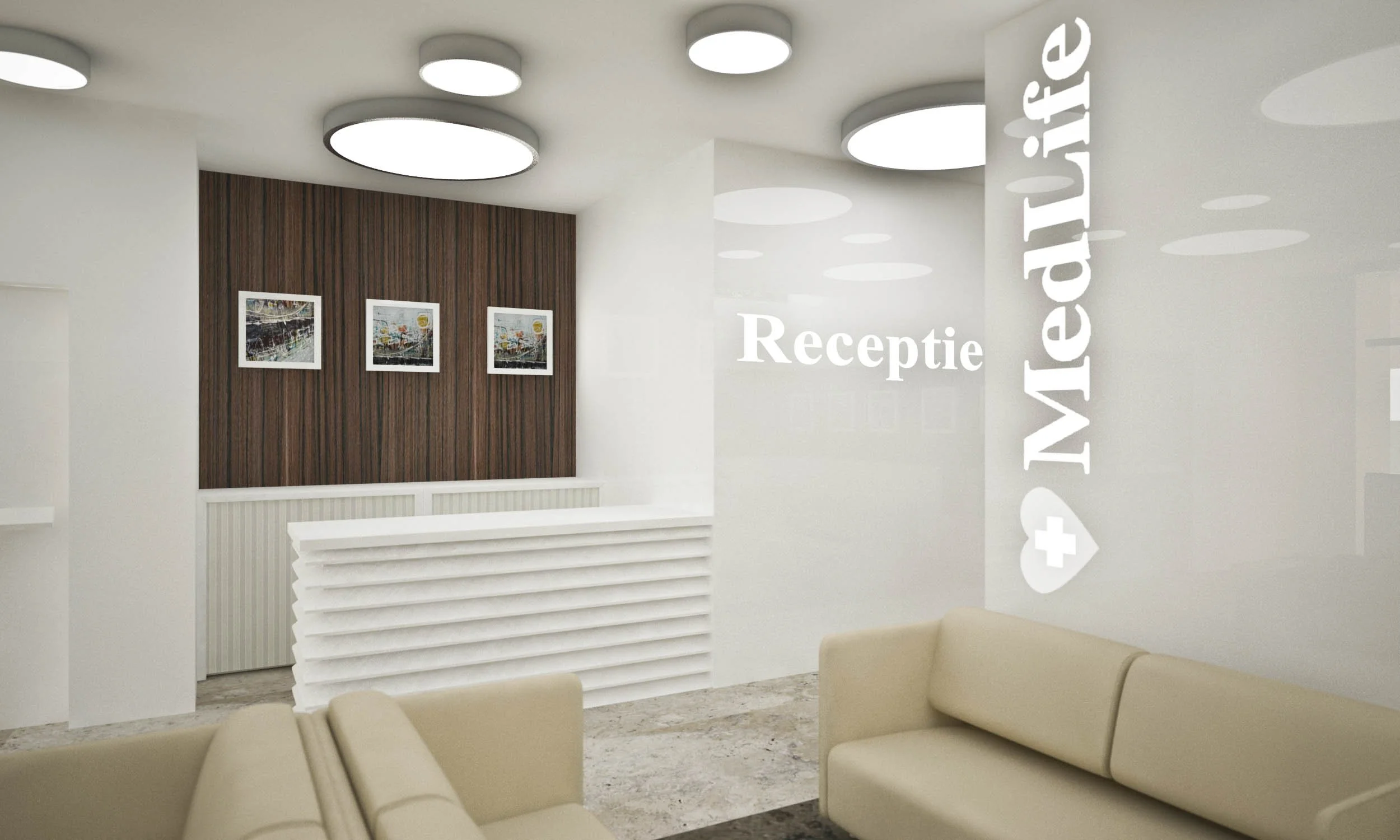 Modern hospital reception area with white walls, beige seating, a white striped reception desk, with three framed pictures on a dark wooden wall, and white ceiling lights. The glass wall has the words 'Receptie' and 'Medische' in white.