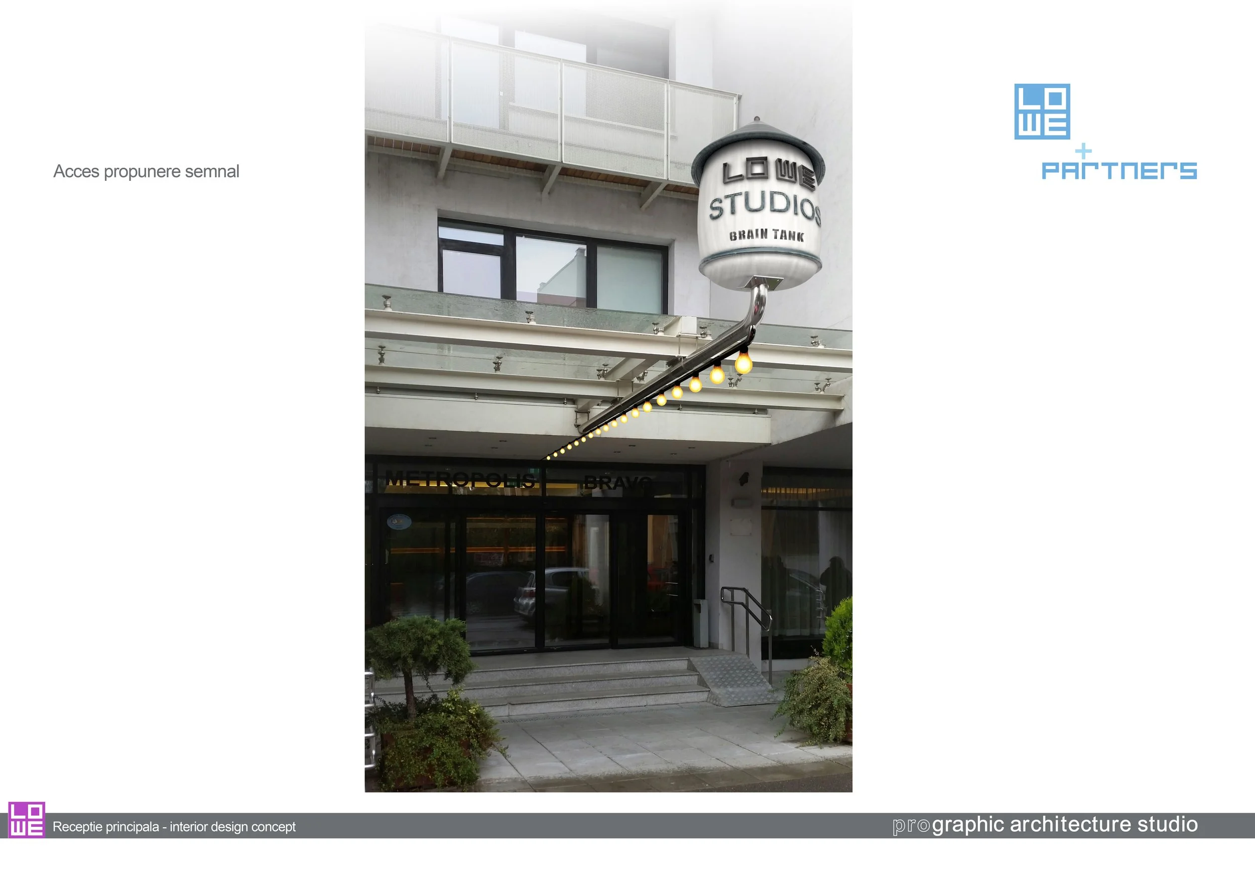 Exterior of the Lowe Studios building with a prominent sign and illuminated string lights above the entrance, surrounded by potted plants and glass doors.