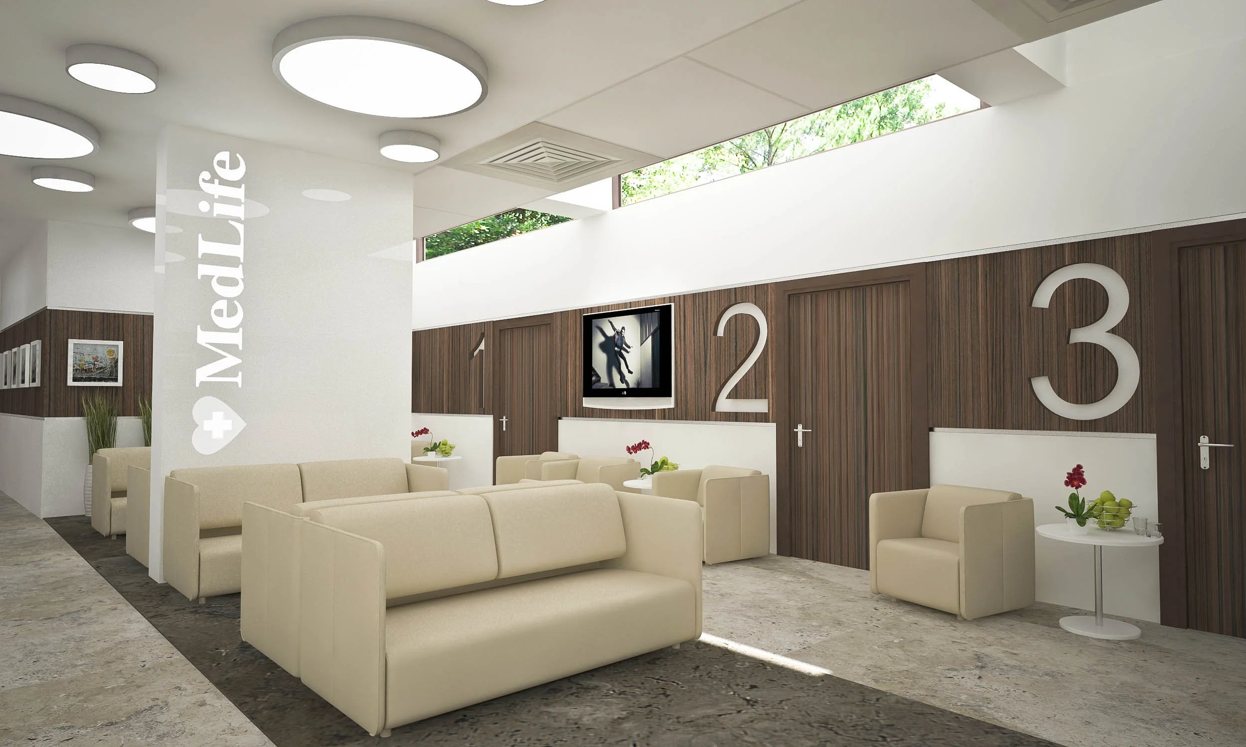 Modern healthcare waiting area with cream sofas, small side tables with flowers and fruit, wooden wall panels with large numbers 2 and 3, a TV on the wall showing a performer, and large circular ceiling lights.