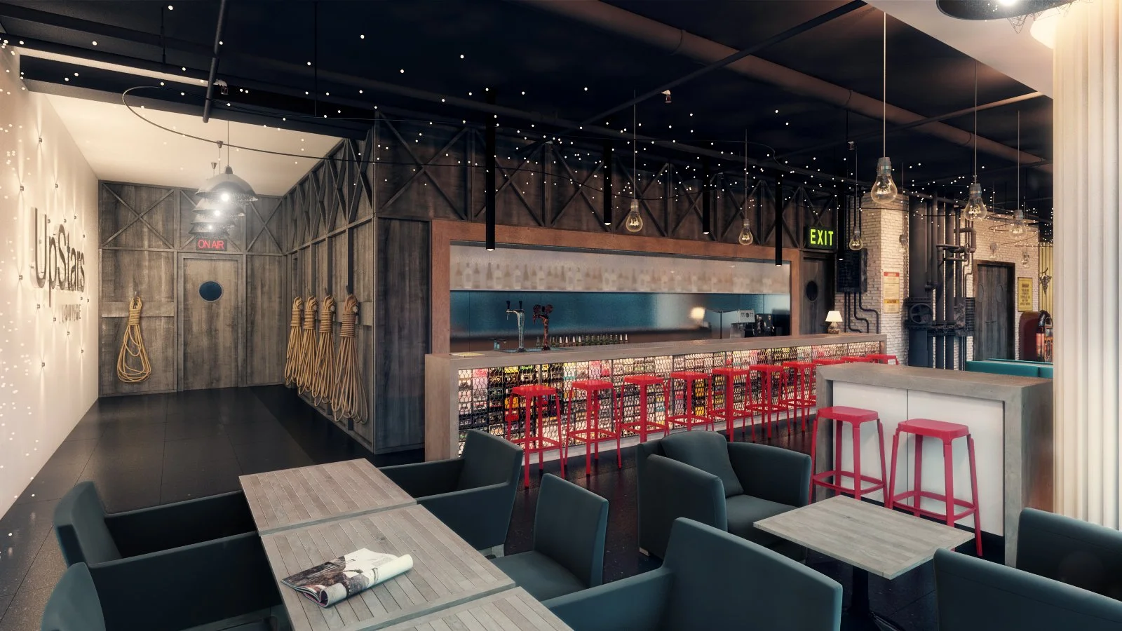 Interior of a modern bar or restaurant with dark wood accents, string lights, and red bar stools. There are tables with chairs and a bar counter with taps. A neon sign says 'ON AIR', and green exit signs are visible.