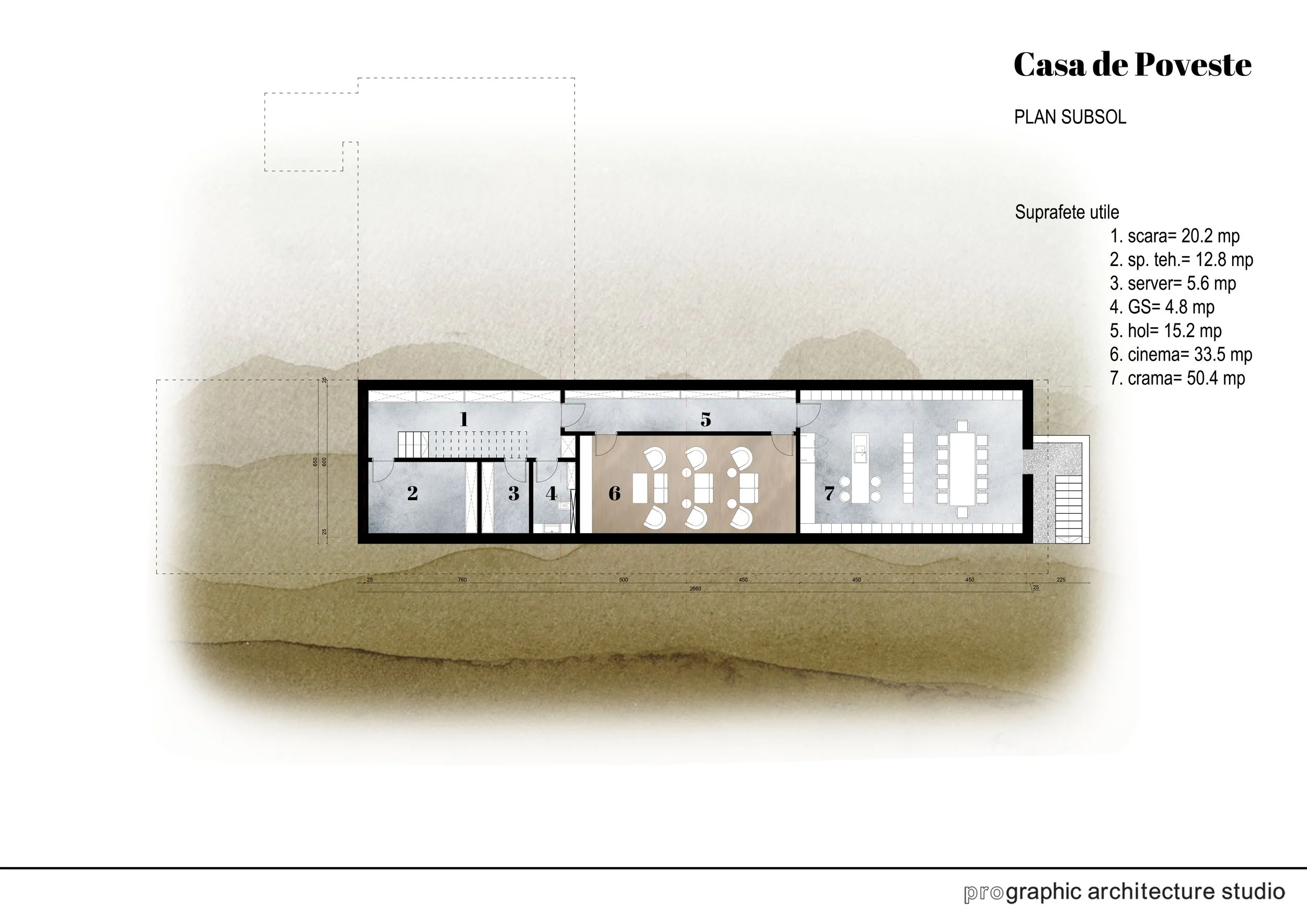 Floor plan of a house labeled 'Casa de Poveste,' showing various rooms and spaces with their sizes in square meters. The layout includes a staircase, utility areas, a living room, and a dining area.