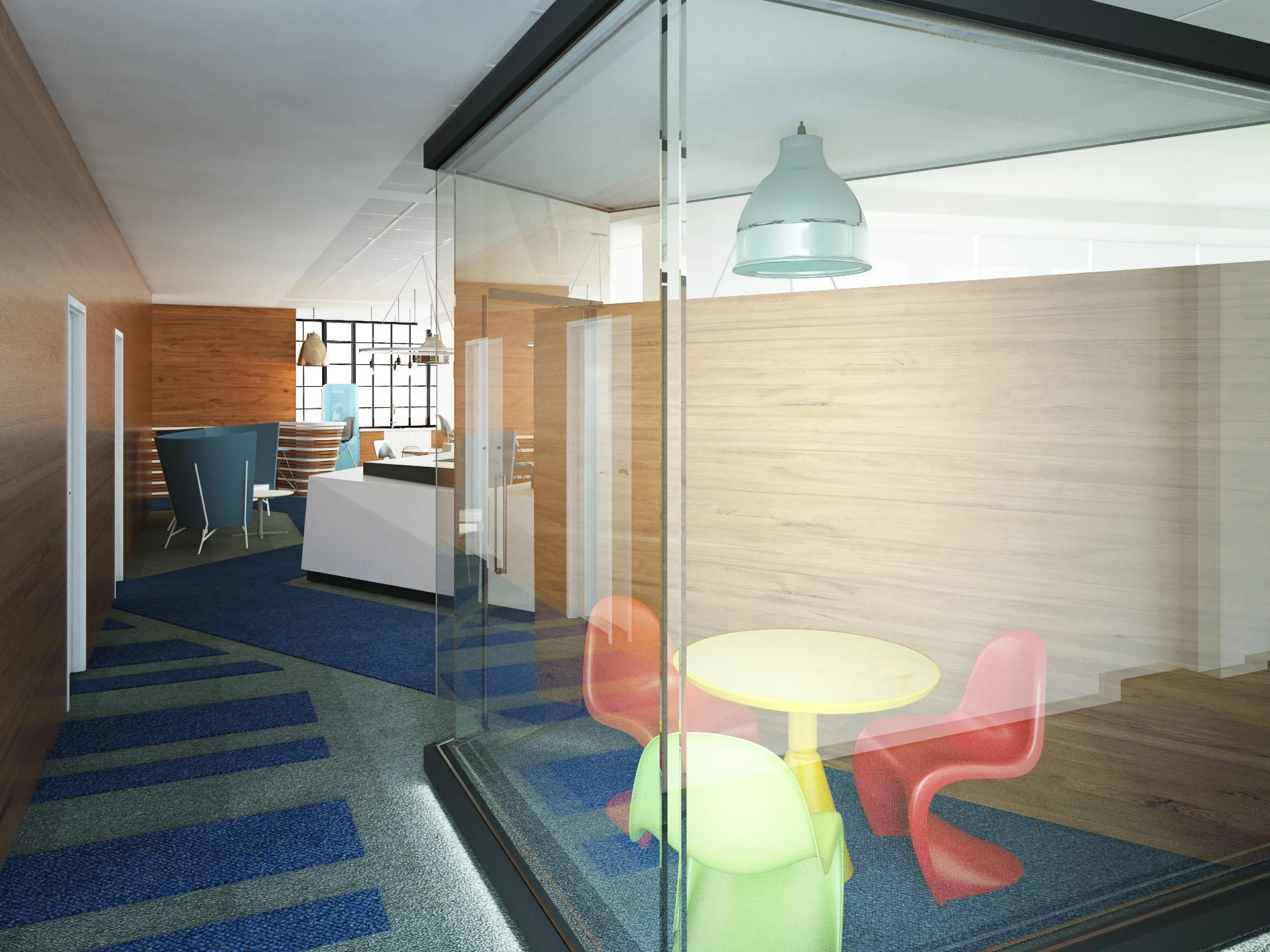 Modern office space with a glass-walled meeting area containing a yellow table and colorful chairs in green, red, and orange, with wooden wall accents and a geometric blue and green carpet.