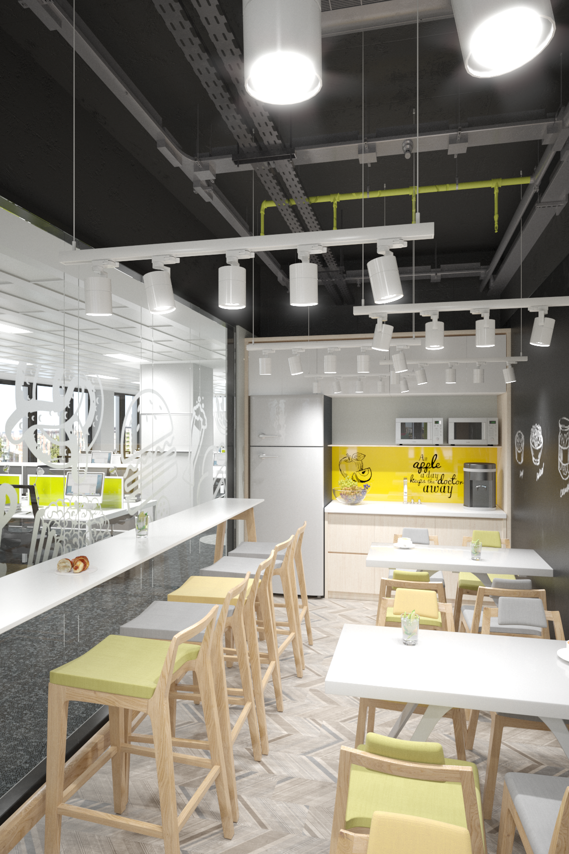 Modern office kitchen and seating area with tables, chairs, overhead lighting, a refrigerator, and microwave.