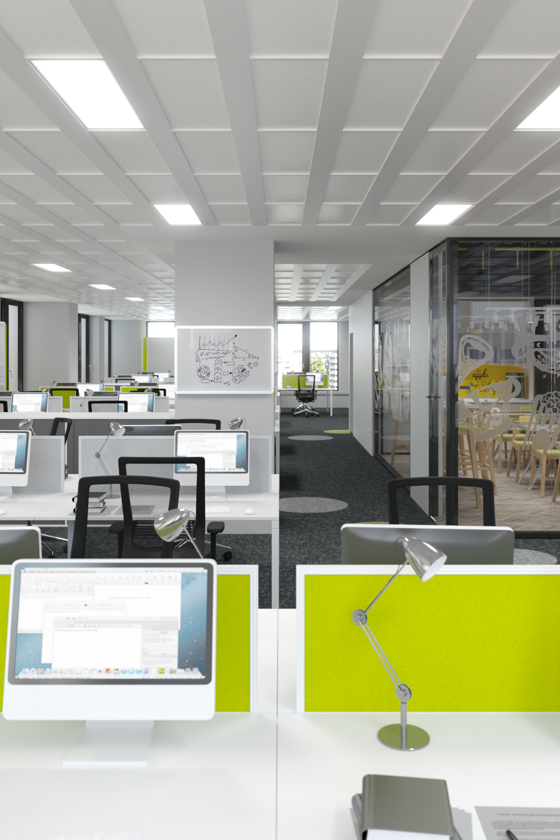 Modern open-plan office with desks, computers, black chairs, green dividers, and a glass-walled meeting room on the right.