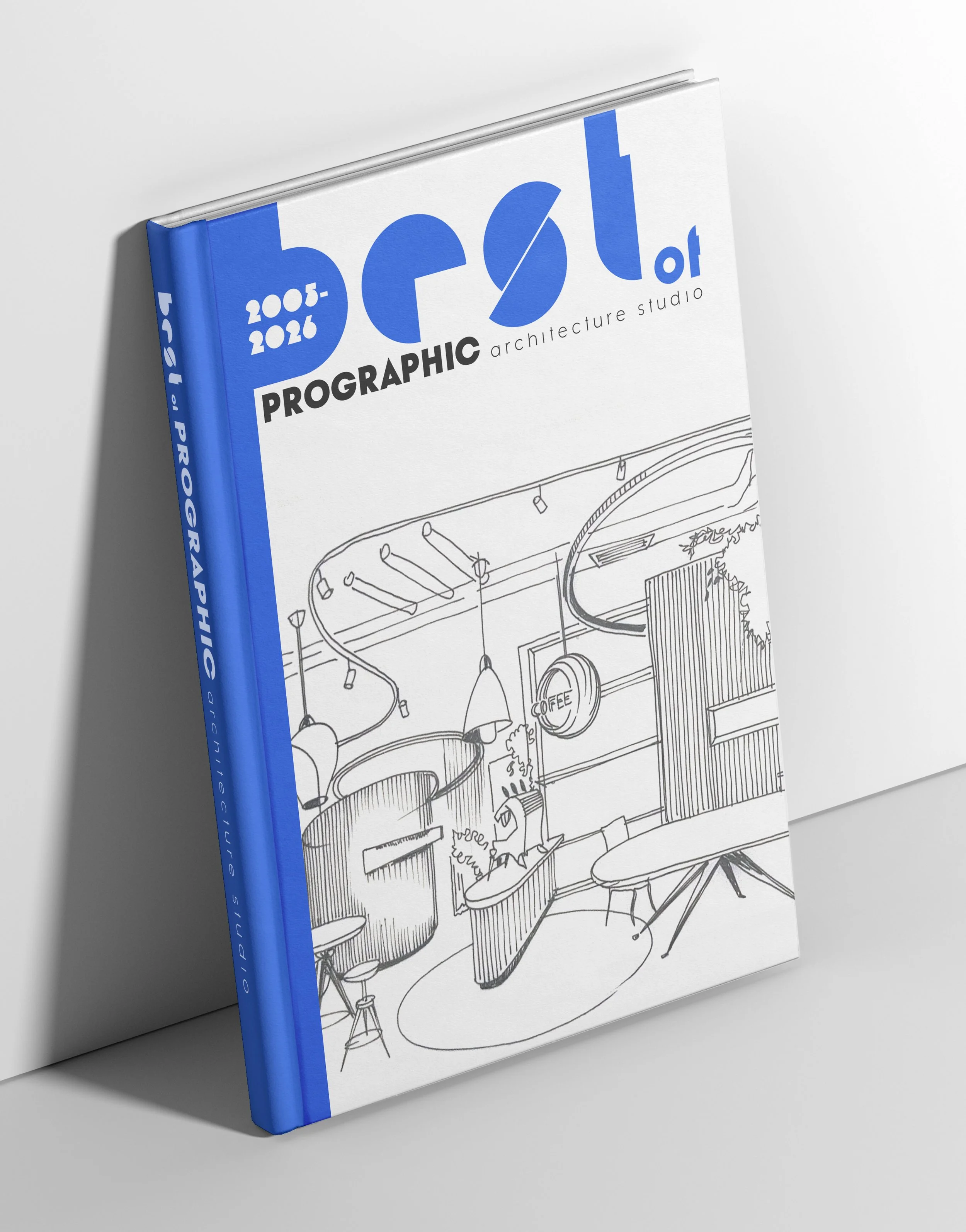 A book titled '2021-2022 Architectural Graphic Studio' with a cover illustration of an interior space, including seating, lighting, and decorative elements in a black and white sketch style.