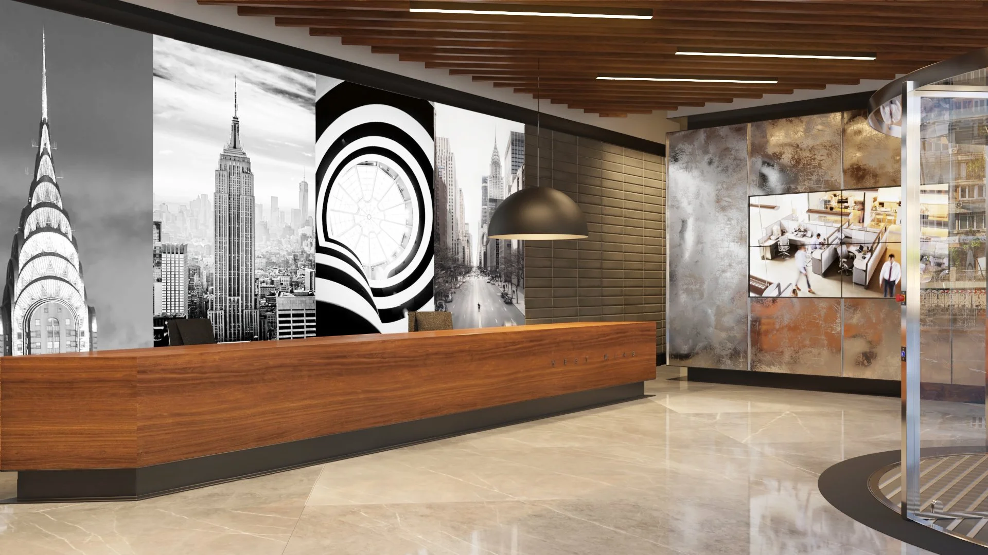 Lobby area with a wooden reception desk, black and white cityscape murals including the Empire State Building and the Chrysler Building, a large black pendant light, and a wall with metallic panels and monitor screens showing an office interior.