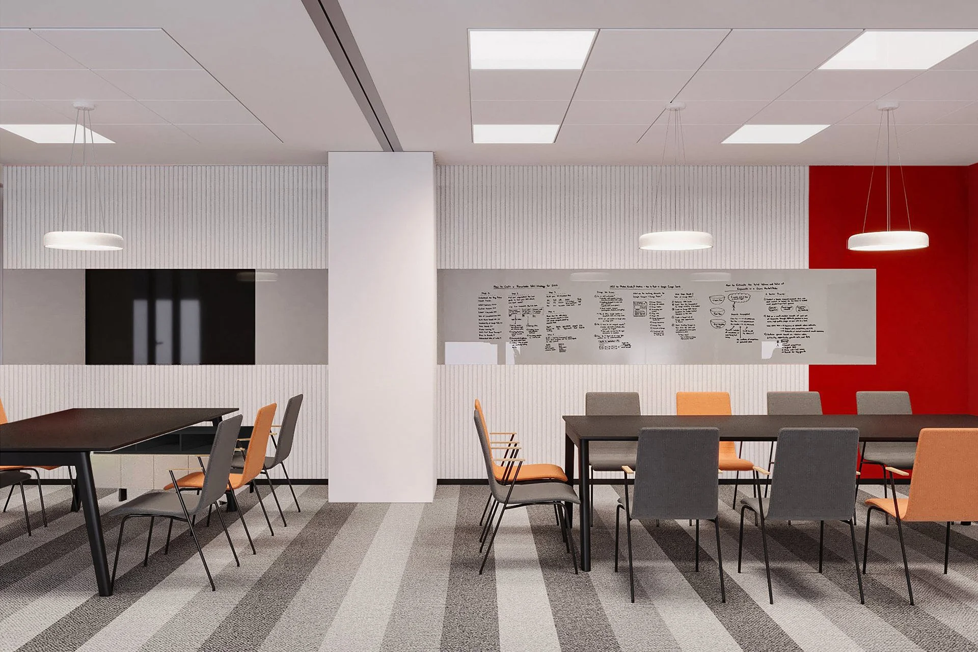 Modern conference room with black tables, gray and orange chairs, striped gray carpet, white ceiling with recessed lighting, and a red accent wall.