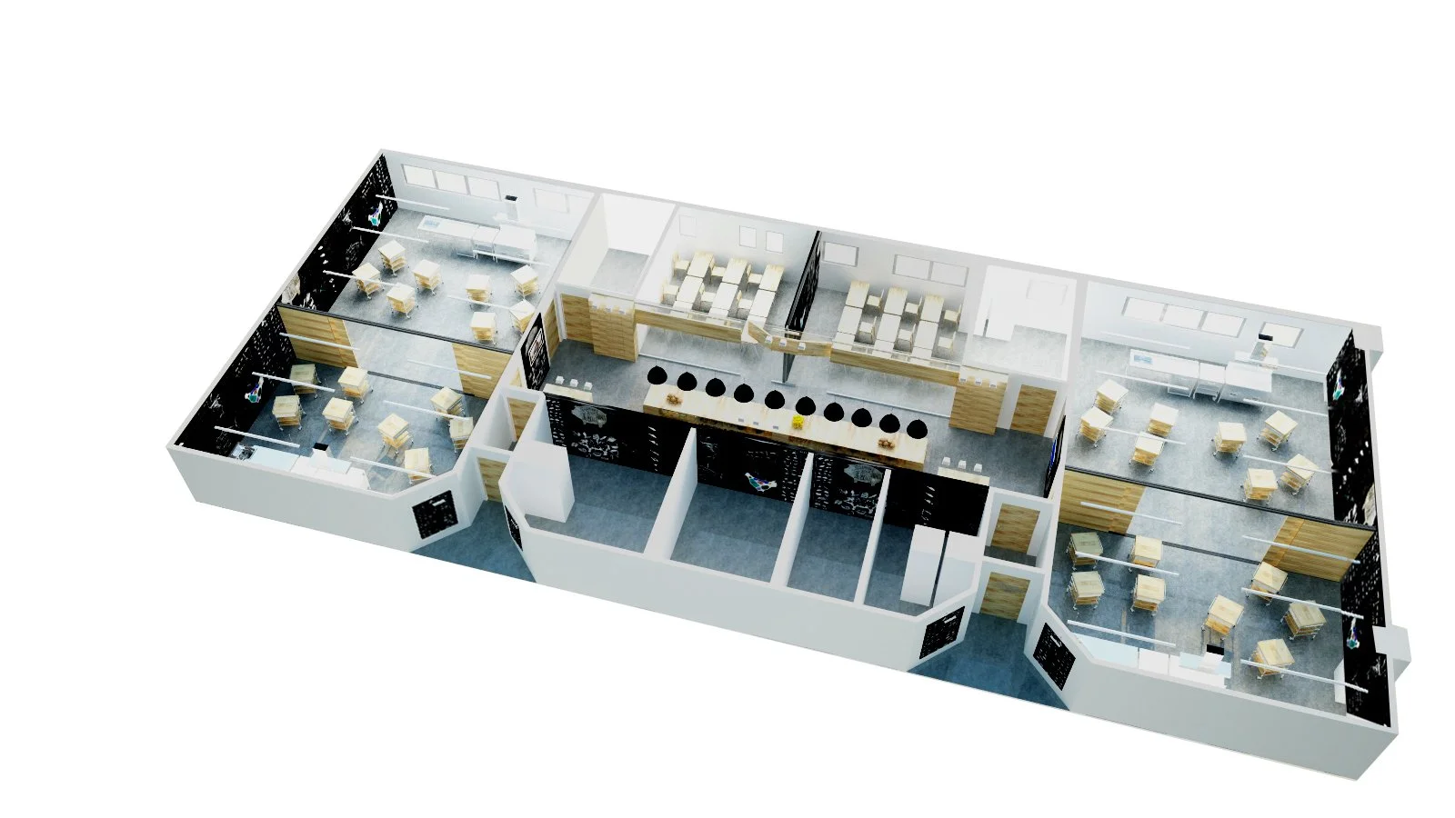 3D floor plan of an office space with multiple open work areas, private rooms, and a central kitchen area with bar seating.
