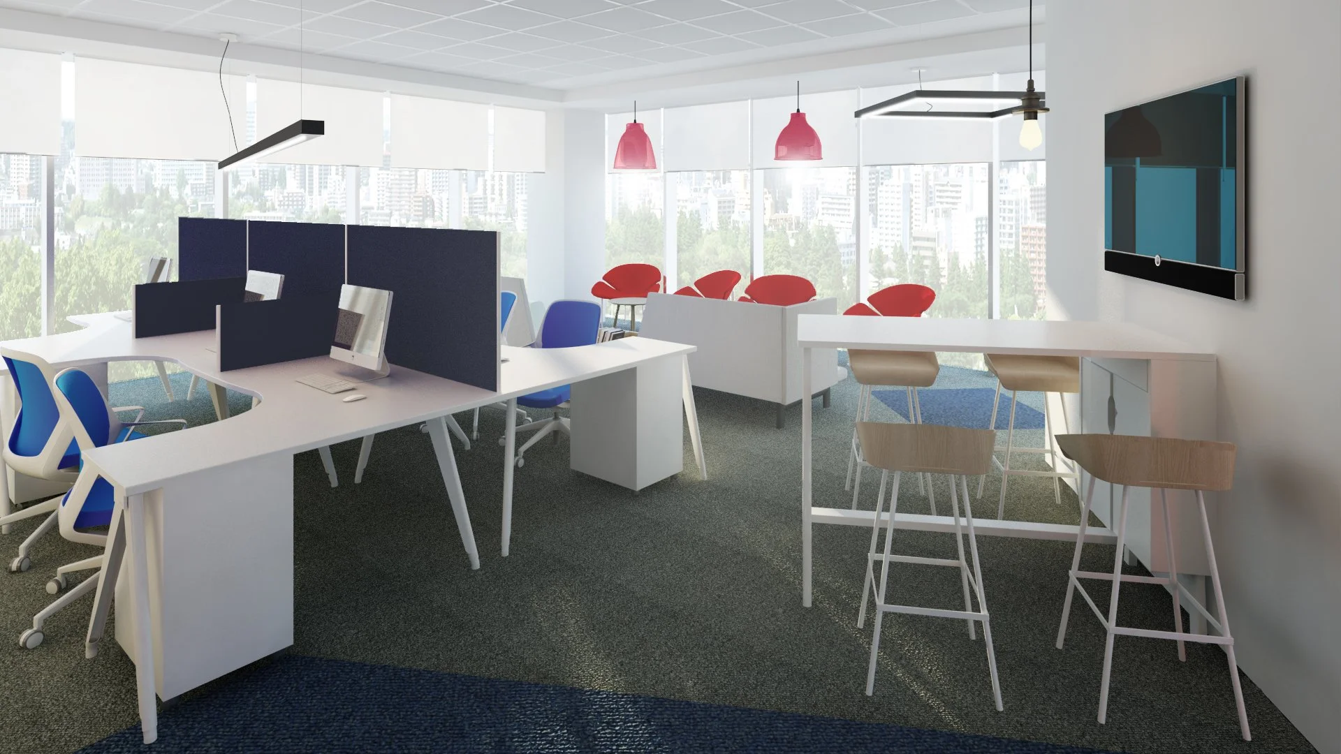 Modern office space with white desks, blue and white chairs, black monitors, a large wall-mounted TV, and red and beige seating areas, with large windows overlooking a cityscape.