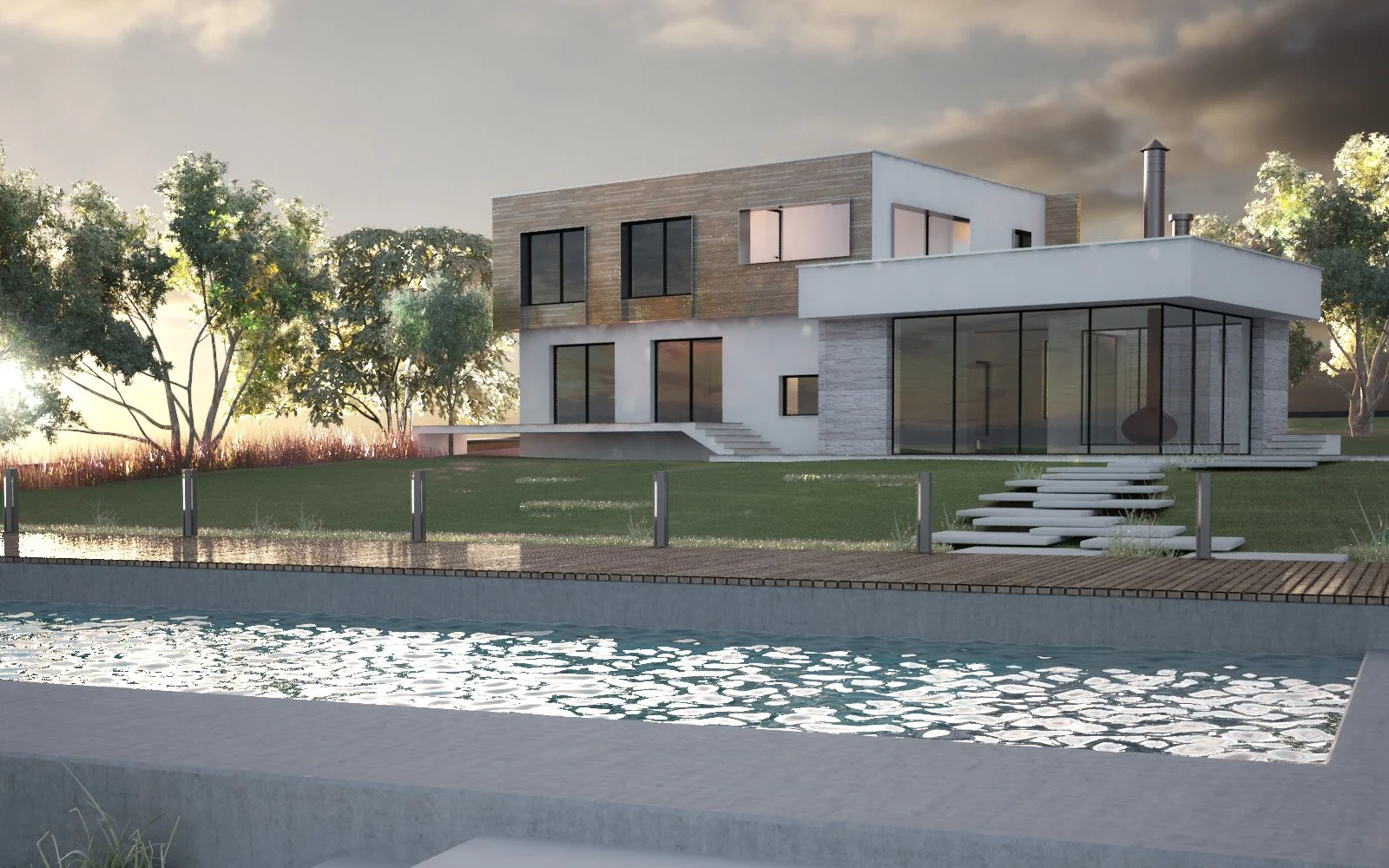 Modern two-story house with large glass windows, surrounded by trees and a lawn, with a swimming pool in the foreground during sunset.