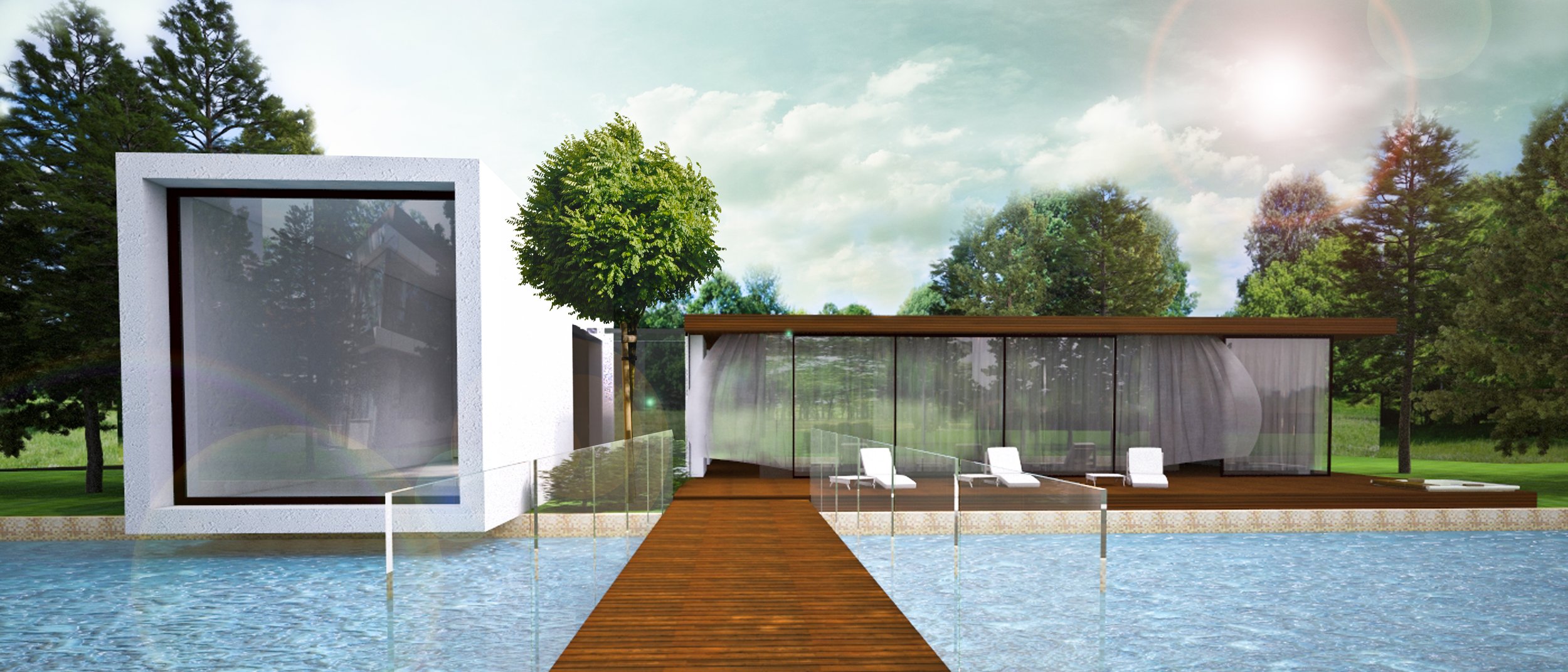 Modern house with large glass windows, deck with lounge chairs, surrounded by a swimming pool and lush green trees under a sunny sky.