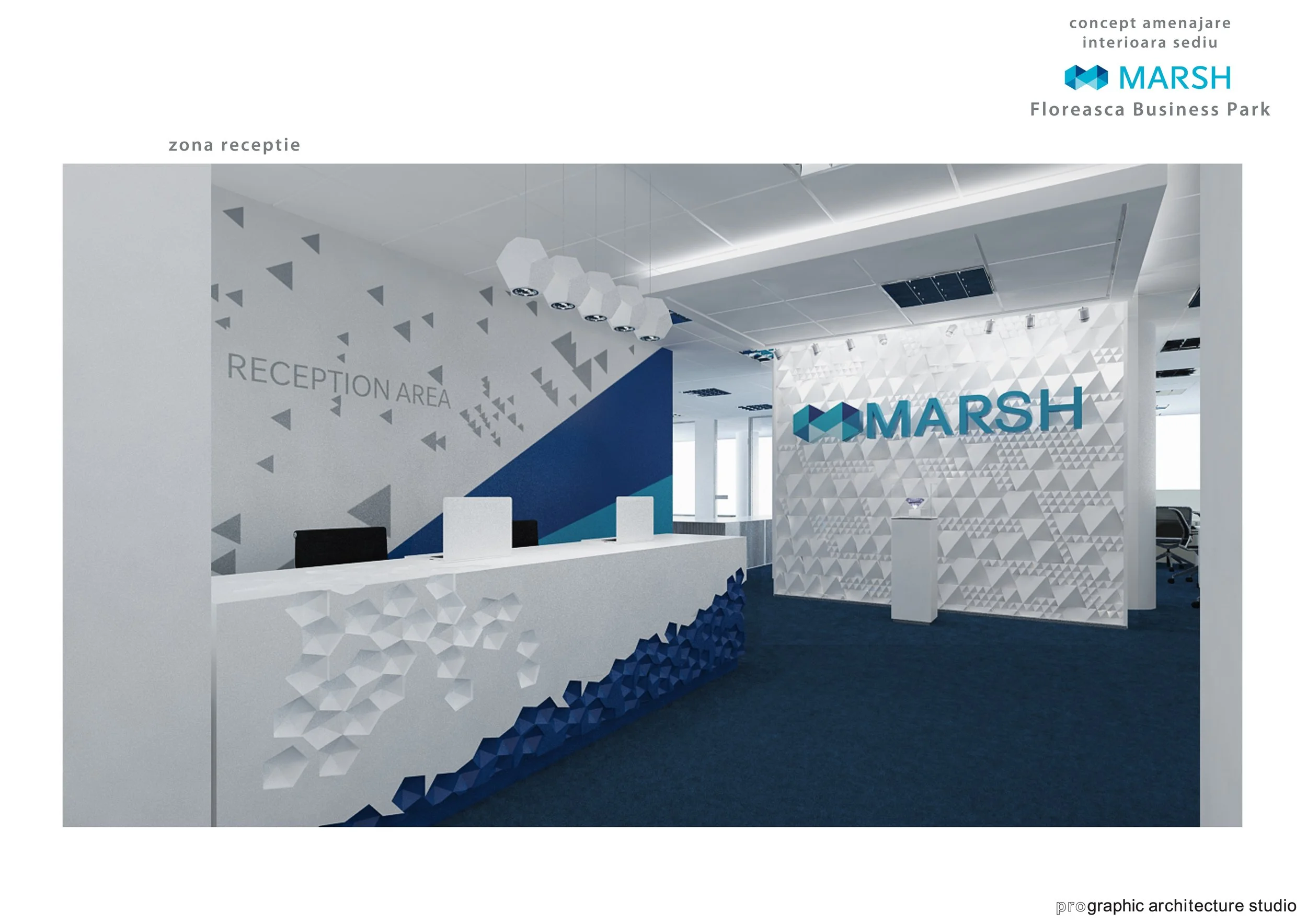 Modern reception area at Marsh business park with geometric wall decor, a reception desk, and signage displaying the Marsh logo.