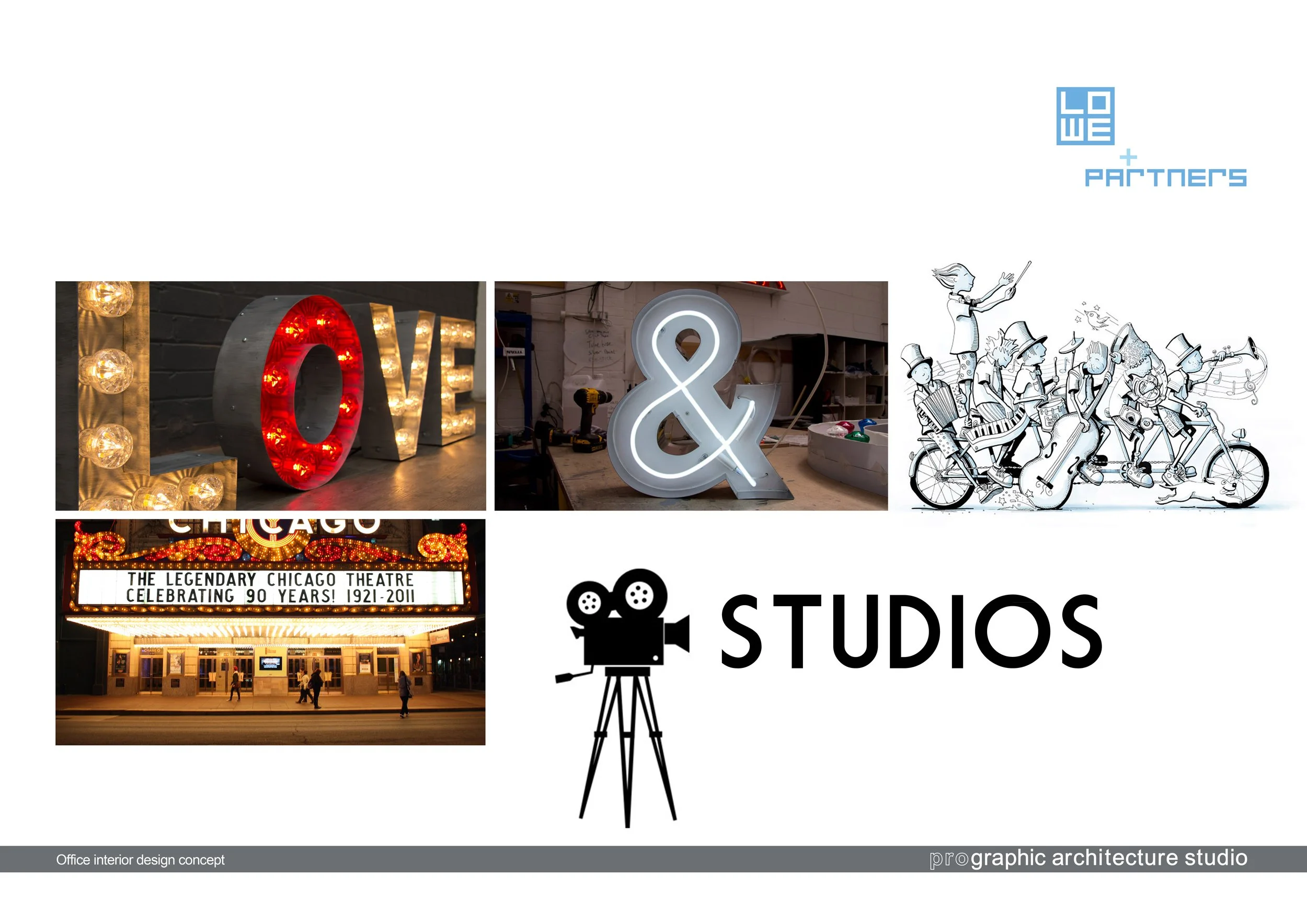 Collage of images featuring illuminated signs spelling 'LOVE' and '&', a cartoon-style illustration of musicians on a bicycle, a vintage theater marquee celebrating 90 years, and a film camera icon with the word 'STUDIOS'.