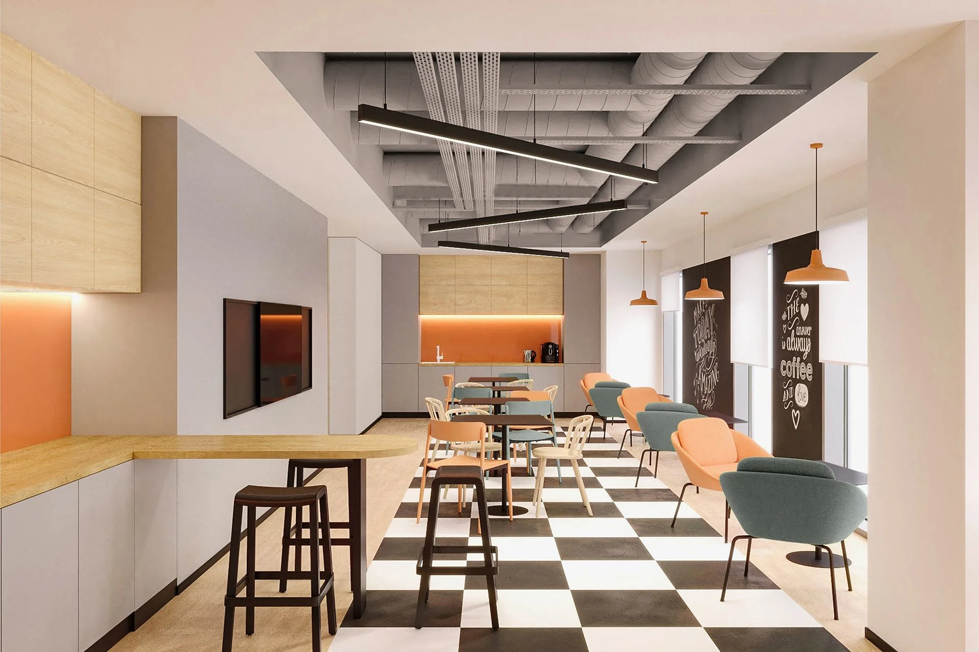 Modern cafe interior with checkered black and white floor, pastel-colored chairs, hanging pendant lights, wall chalkboard, and ceiling with exposed ducts and linear lighting.