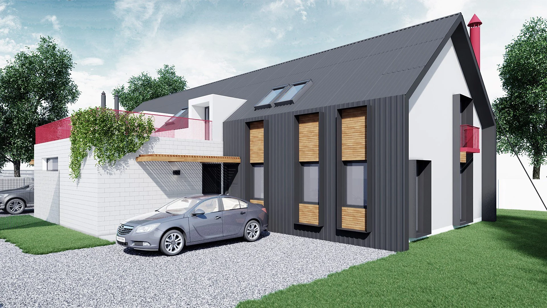 Modern residential house with gray and white exterior, wooden window shutters, a parking area with a silver car, and green lawn, trees, and a partly cloudy sky in the background.