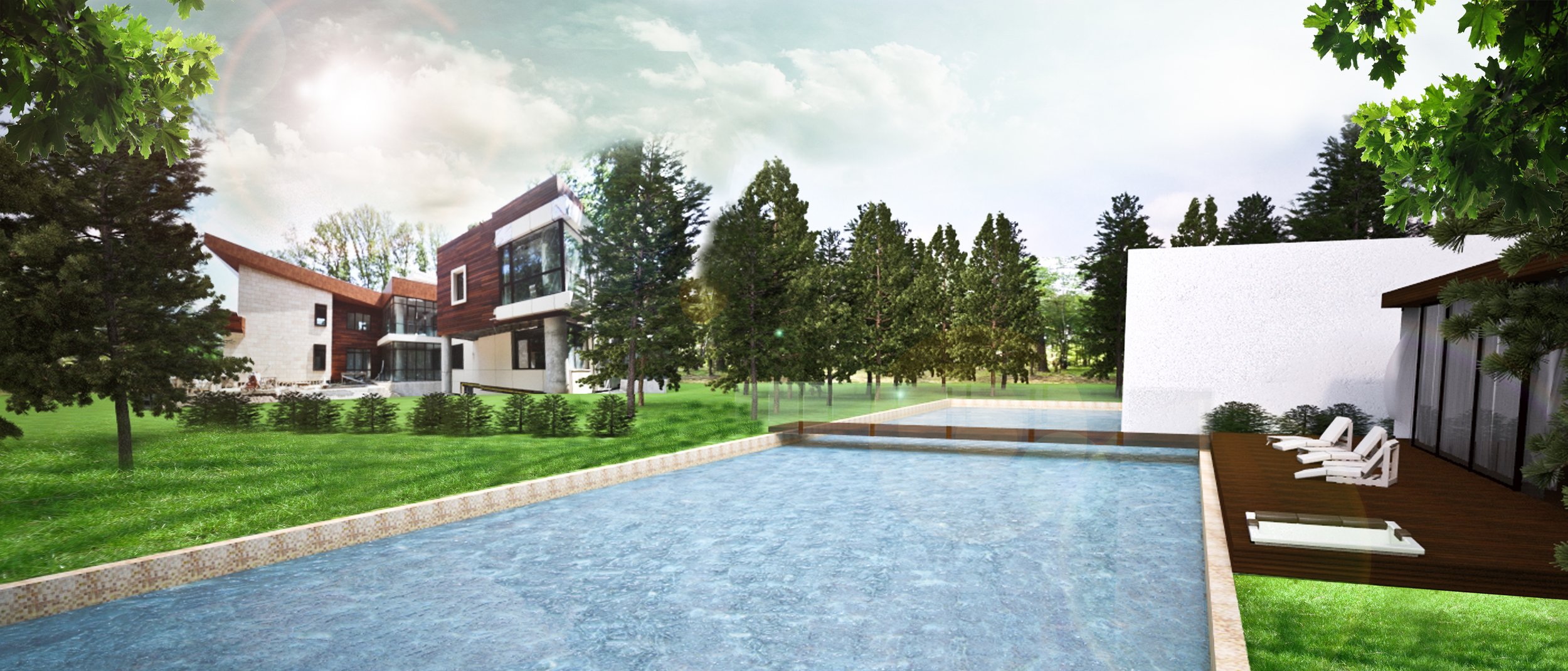 Luxury modern house with a swimming pool, surrounded by green lawn and trees, on a sunny day.