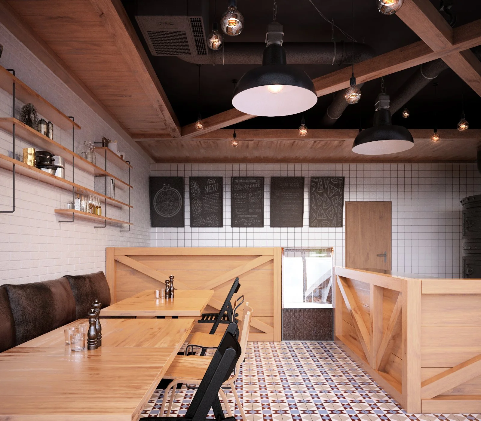 Interior of a modern cafe with wooden tables and chairs, hanging black pendant lights, white brick walls, wooden shelves with bottles and decorative items, chalkboard menus, tiled floor, and a wooden door.