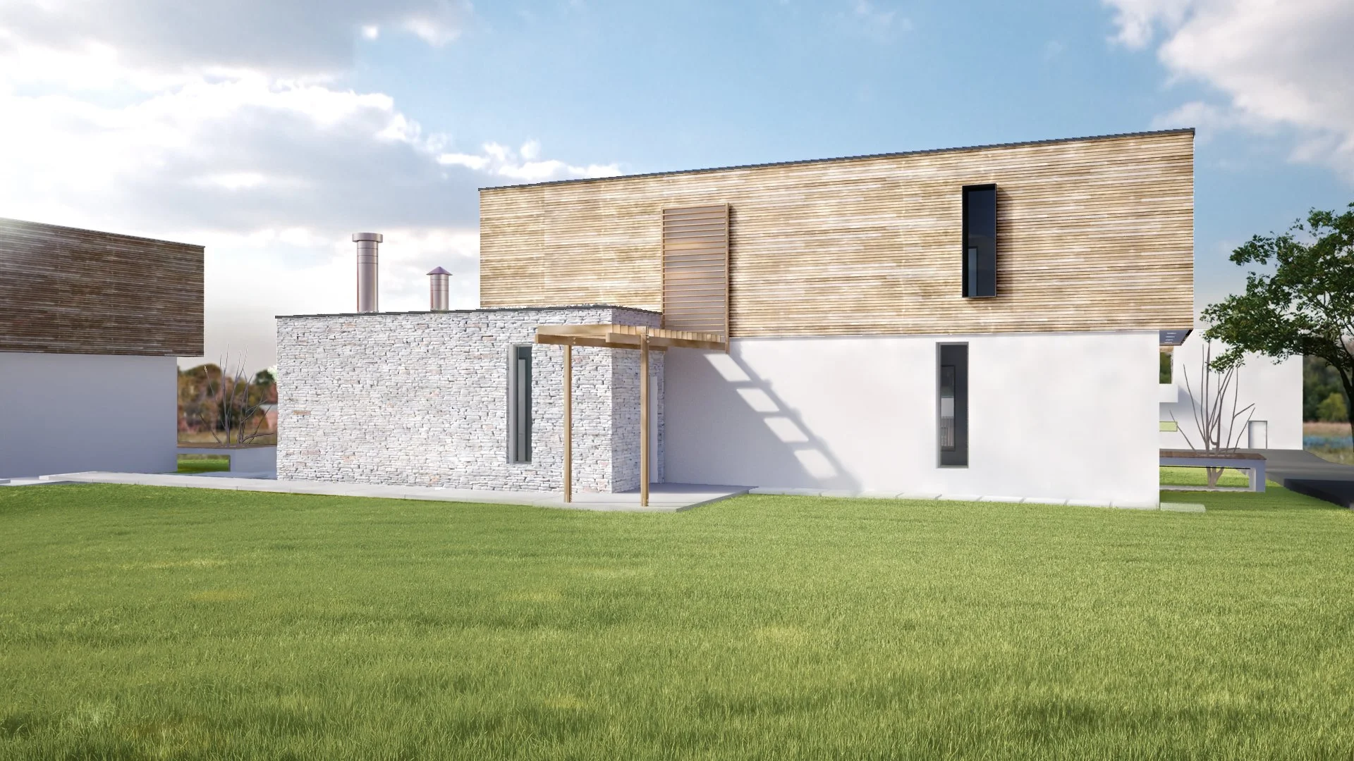 Modern house with wooden and white exterior walls, large windows, and a small porch on a grassy lawn under a partly cloudy sky.